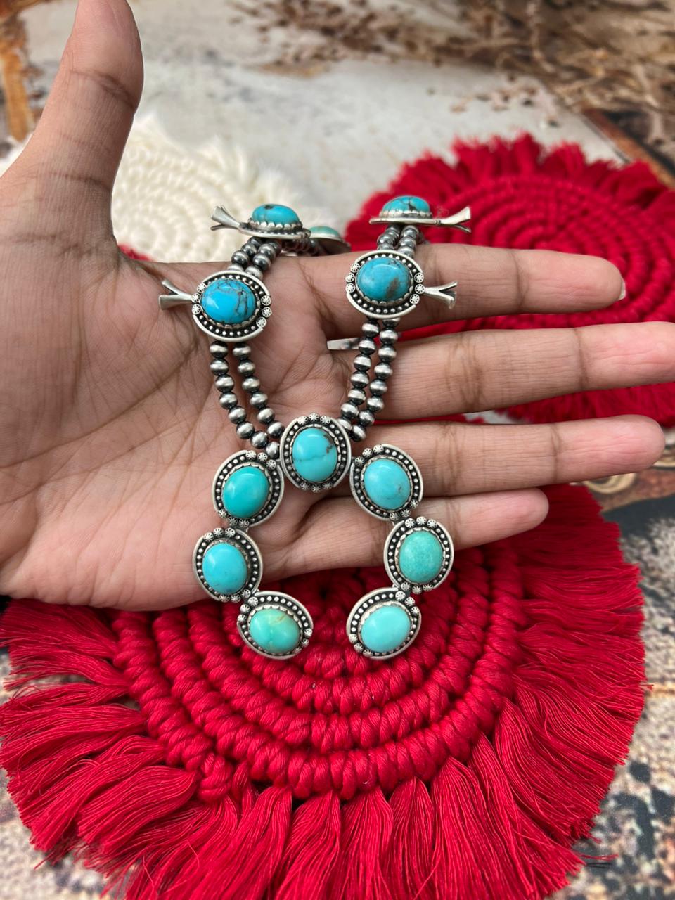 Handmade Sterling Silver Kingman Turquoise Squash Blossom Beaded Necklace "Signed Nizhoni"