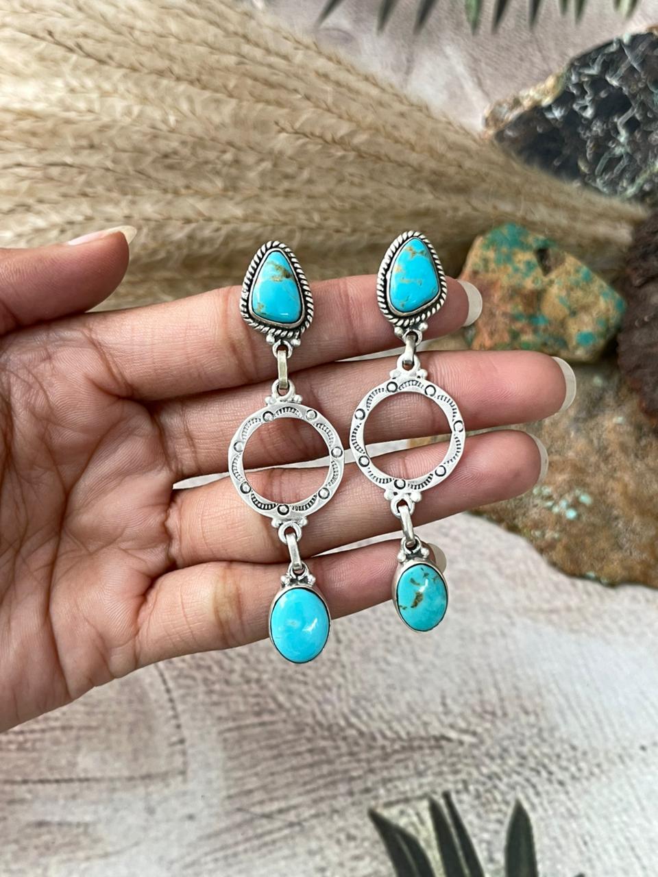 Handmade Sterling Silver Santa Maria Turquoise Post Dangle Earrings "Signed Nizhoni"