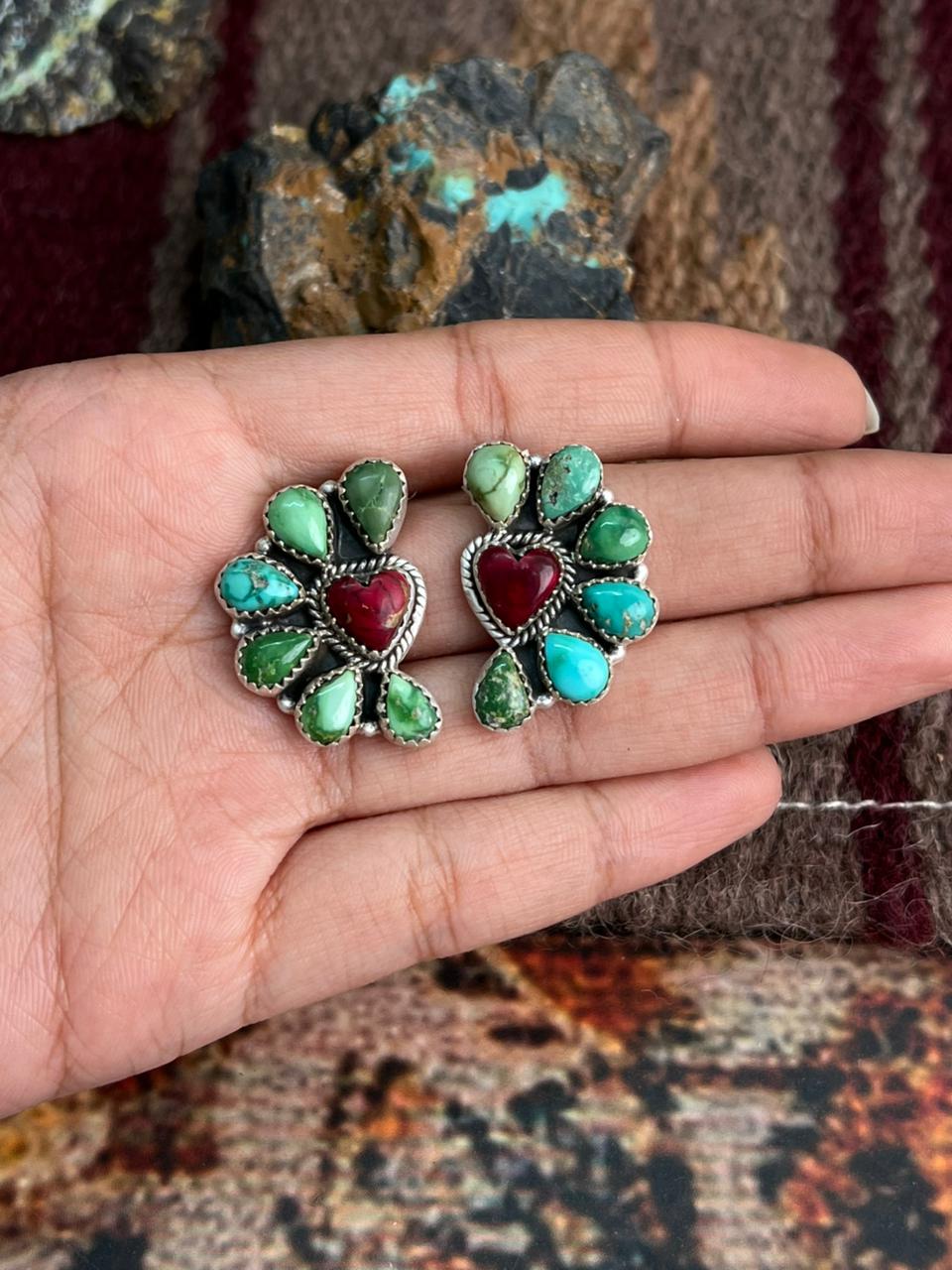Handmade Sterling Silver Dahlia Rose with Emerald Valley Turquoise Post Earrings "Signed Nizhoni"