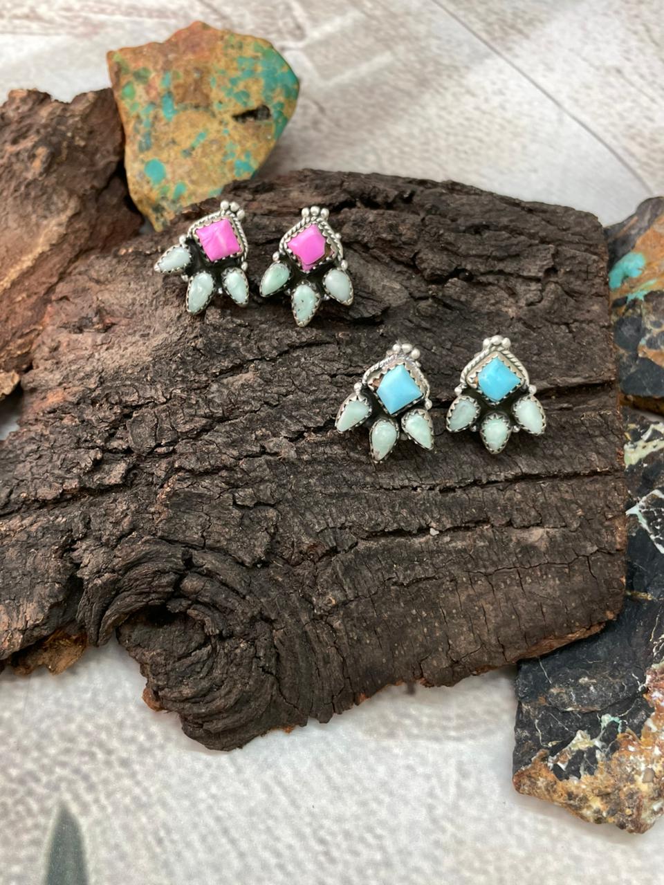 Handmade Sterling Silver Cotton Candy with Paloma Post Studs Earrings "Signed Nizhoni"