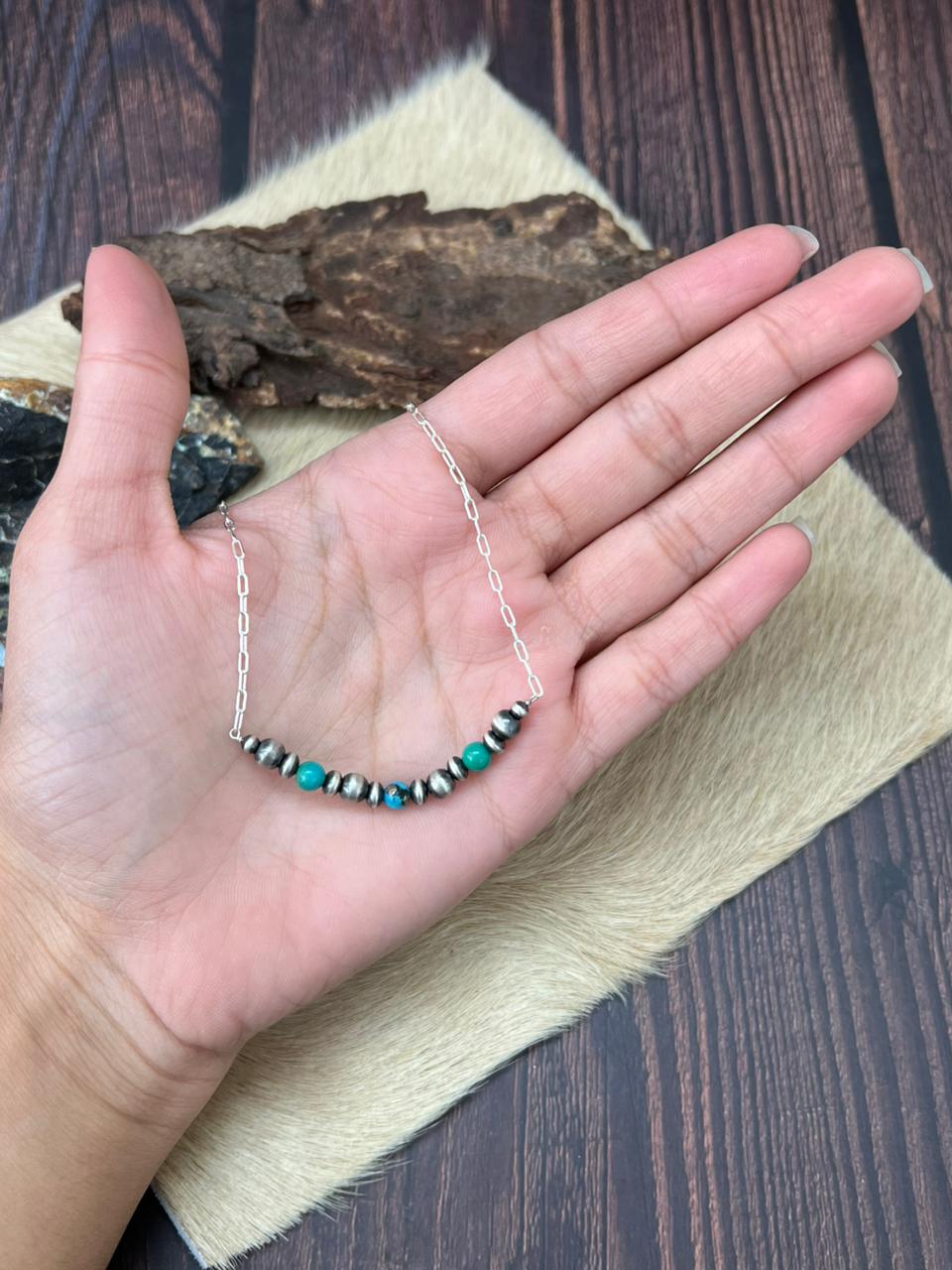 Handmade Sterling Silver Kingman Turquoise Beaded Necklace "Signed Nizhoni"