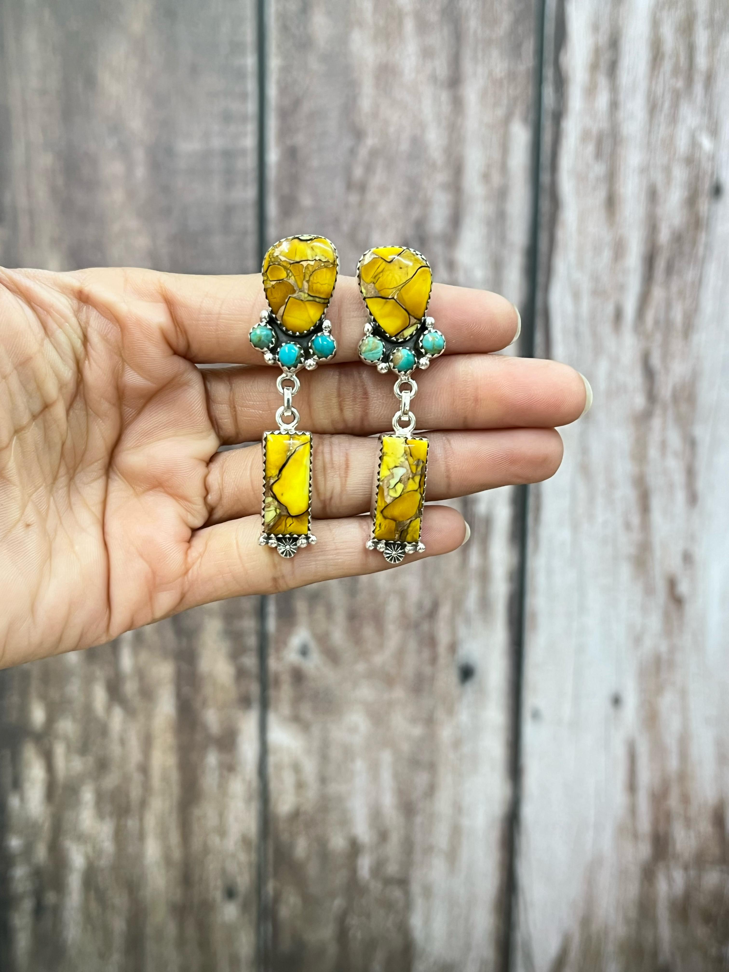 Handmade Sterling Silver Honey Dahlia with Kingman Turquoise Post Earrings, Signed Nizhoni