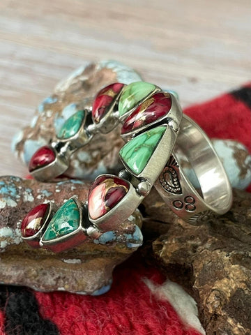 Handmade Sterling Silver Dahlia Rose With Emerald Valley Turquoise Ring "Signed Nizhoni"