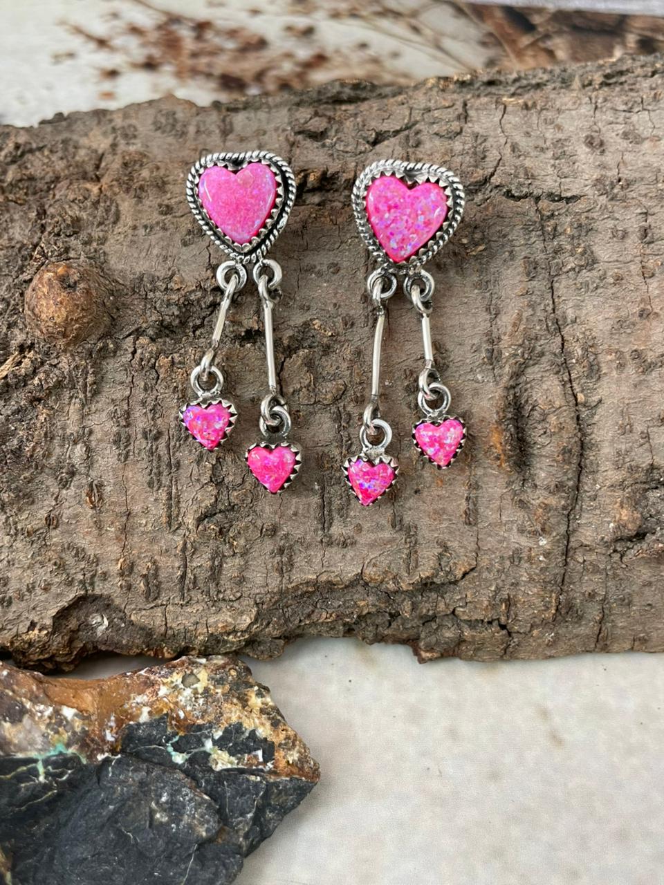 "Heart Collection" Handmade Sterling Silver Hot Pink Post Dangle Earrings "Signed Nizhoni"