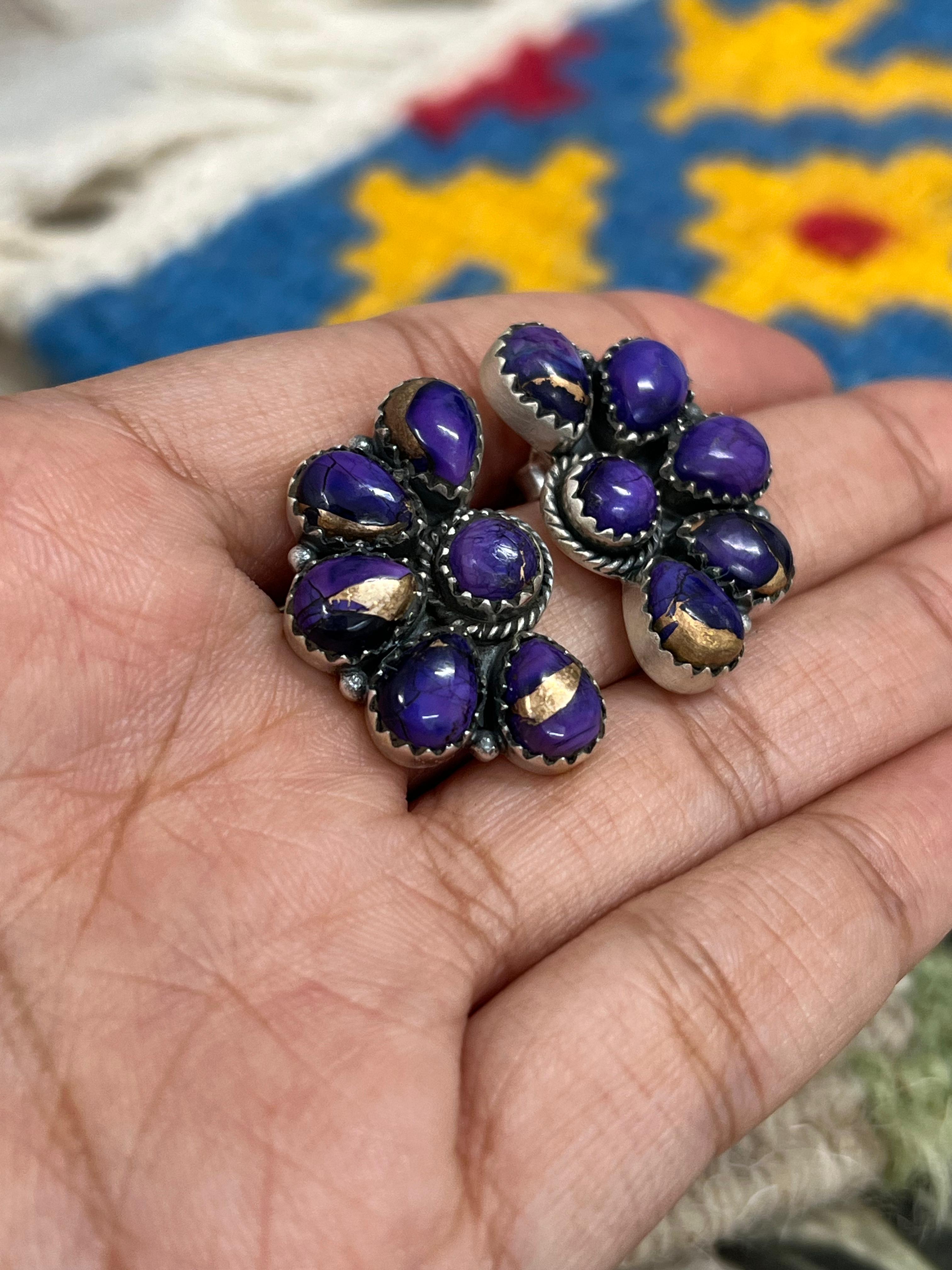 Handmade Sterling Silver Grape Dahlia Post Studs with Signed Nizhoni