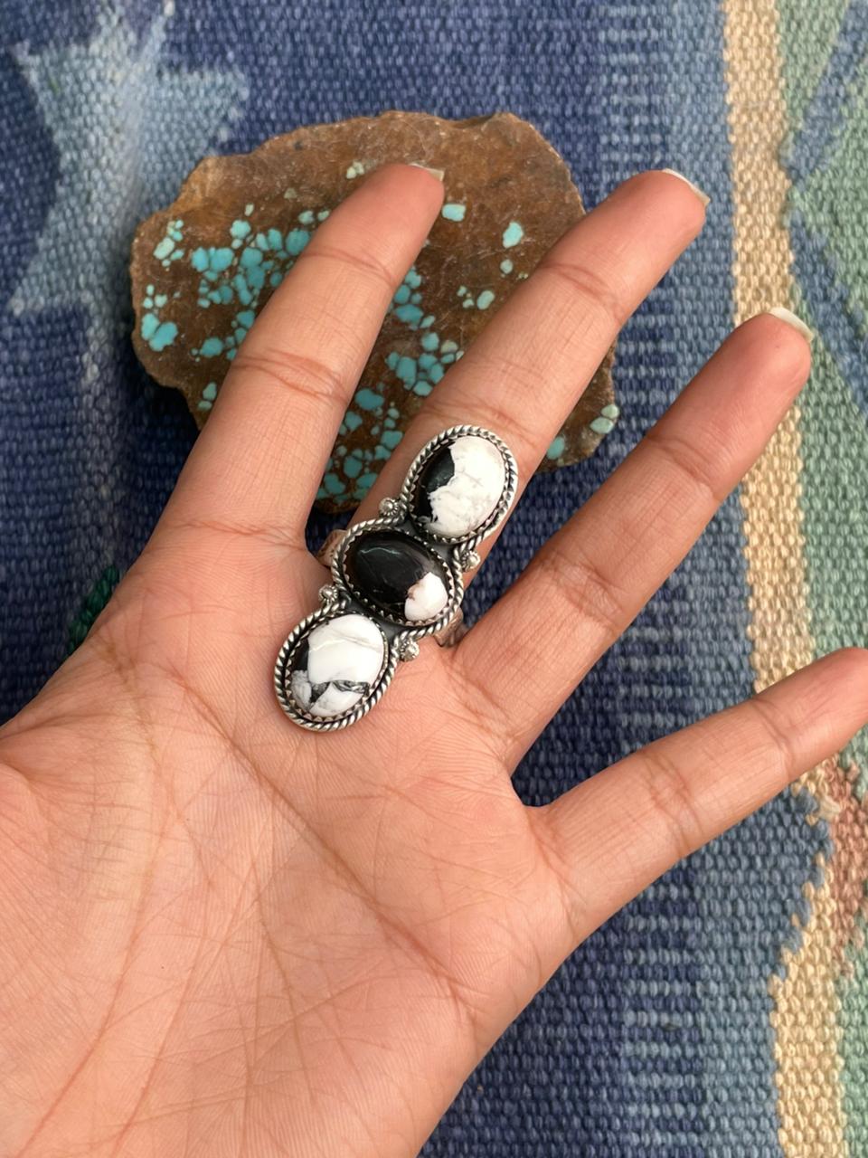 Handmade Sterling Silver White Buffalo Adjustable Ring "Signed Nizhoni"