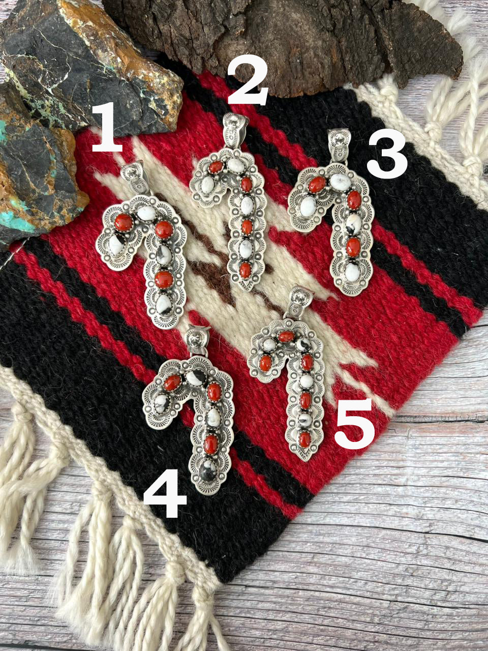 "Christmas Collection" Handmade Sterling Silver White Buffalo with Coral Pendant "Signed Nizhoni"