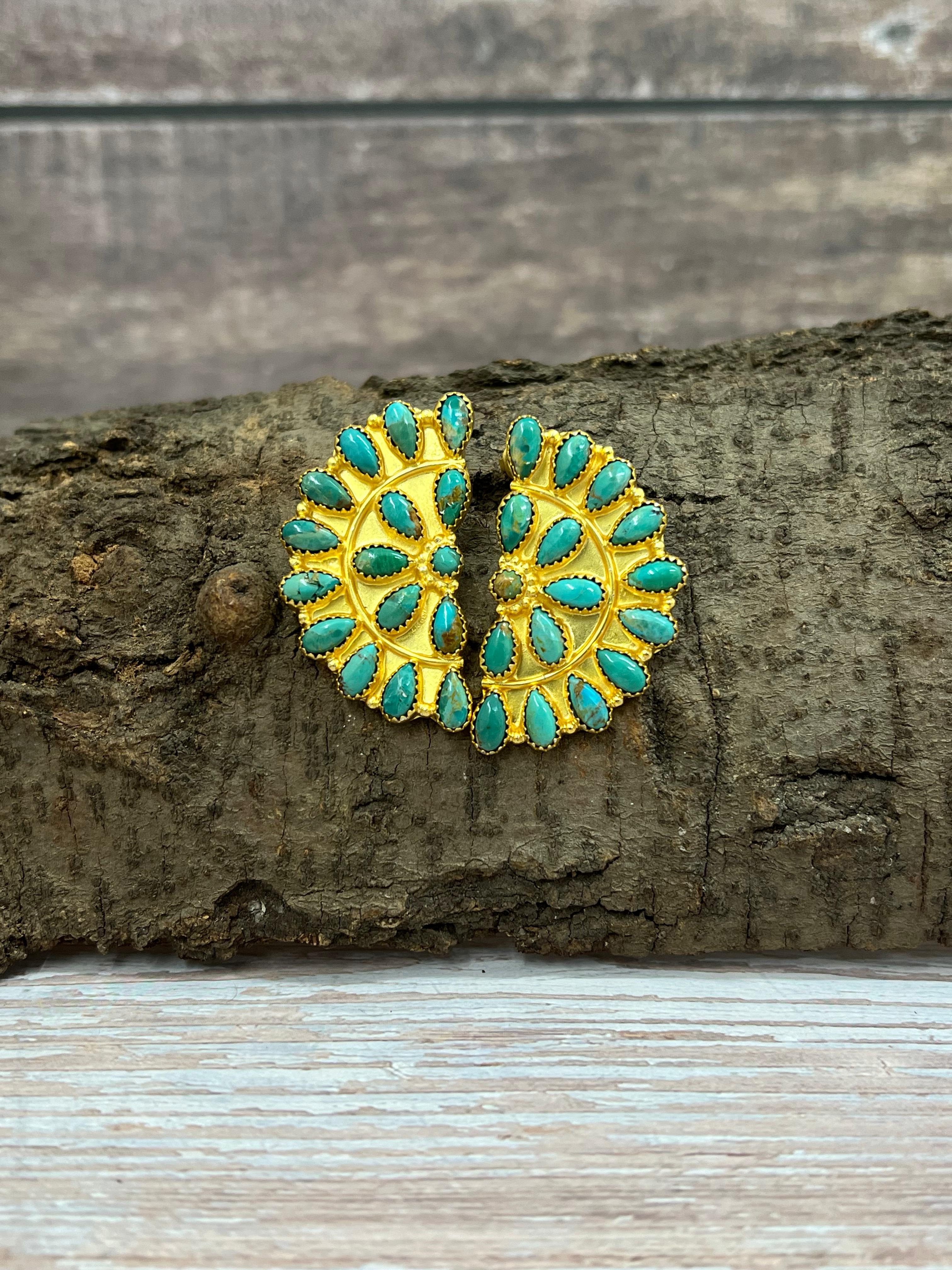 “The Golden Collection” Handmade Sterling Silver Kingman Turquoise Post Crescent Earrings Signed Nizhoni