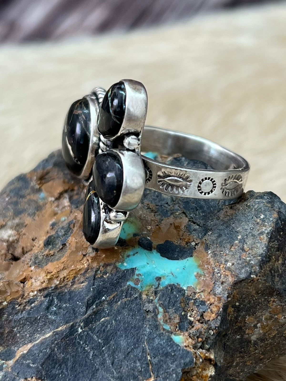 Handmade Sterling Silver Blackjack Turquoise Adjustable Ring "Signed Nizhoni"