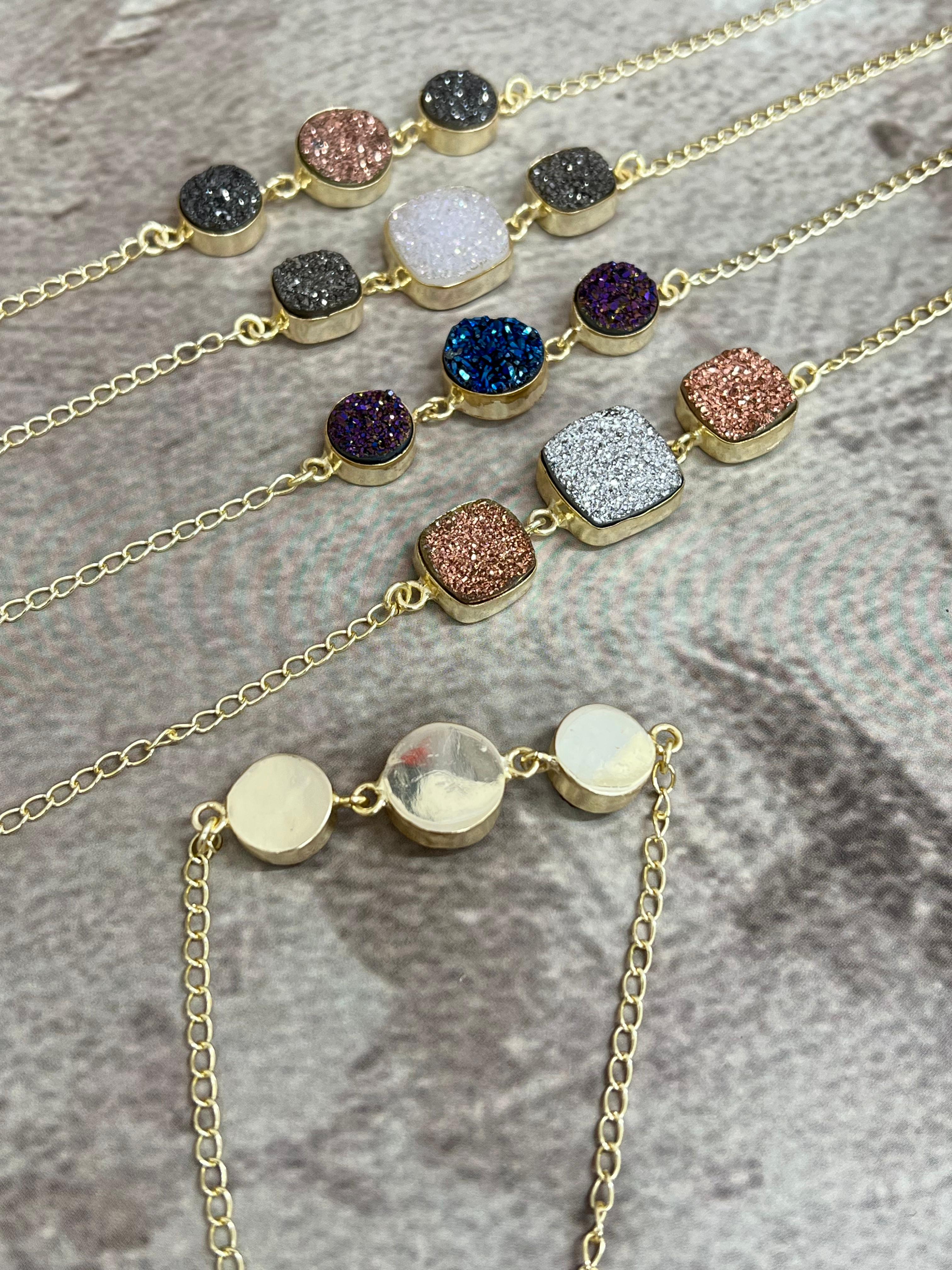 “The Boho Collection” Handmade Natural Gold Plated 3 Stone Druzy Chain Bracelet