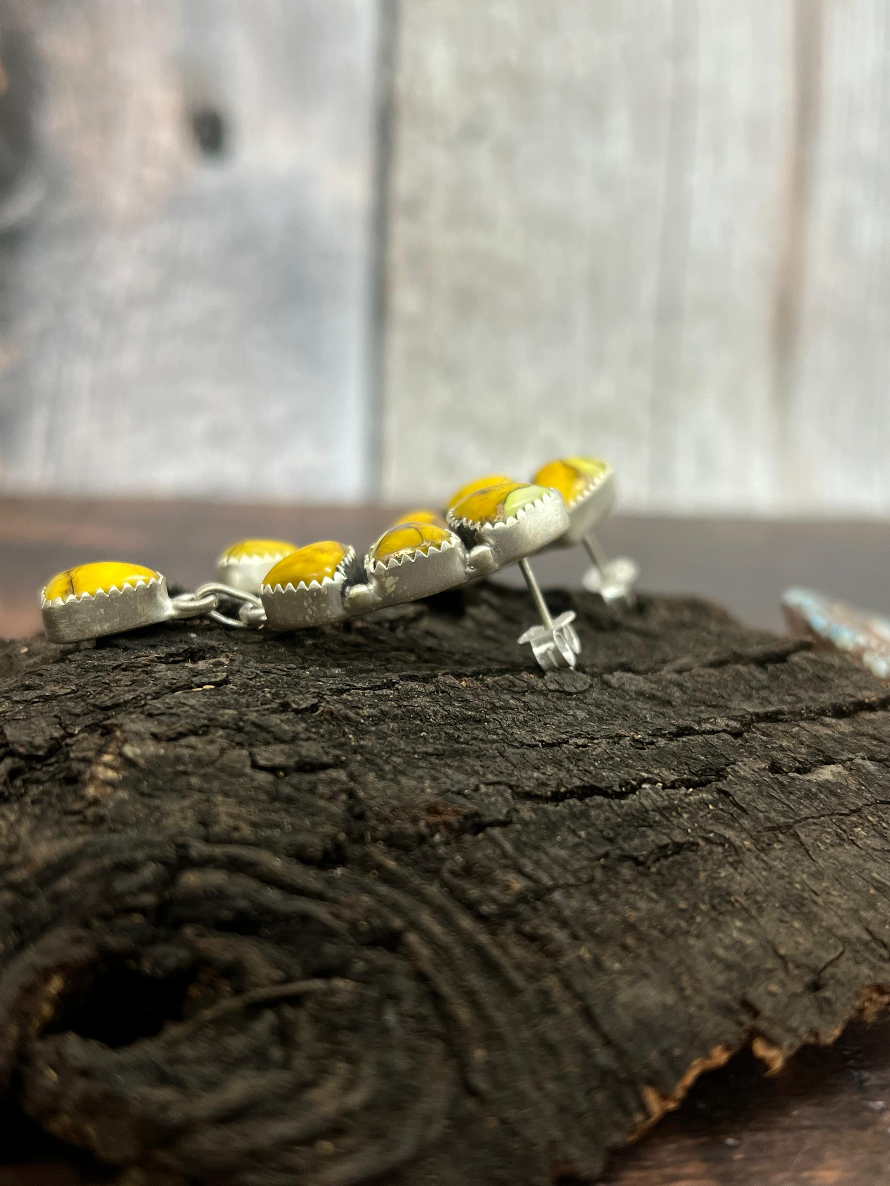 Handmade Sterling Silver Honey Dahlia Post Dangle Earrings with Signed Nizhoni