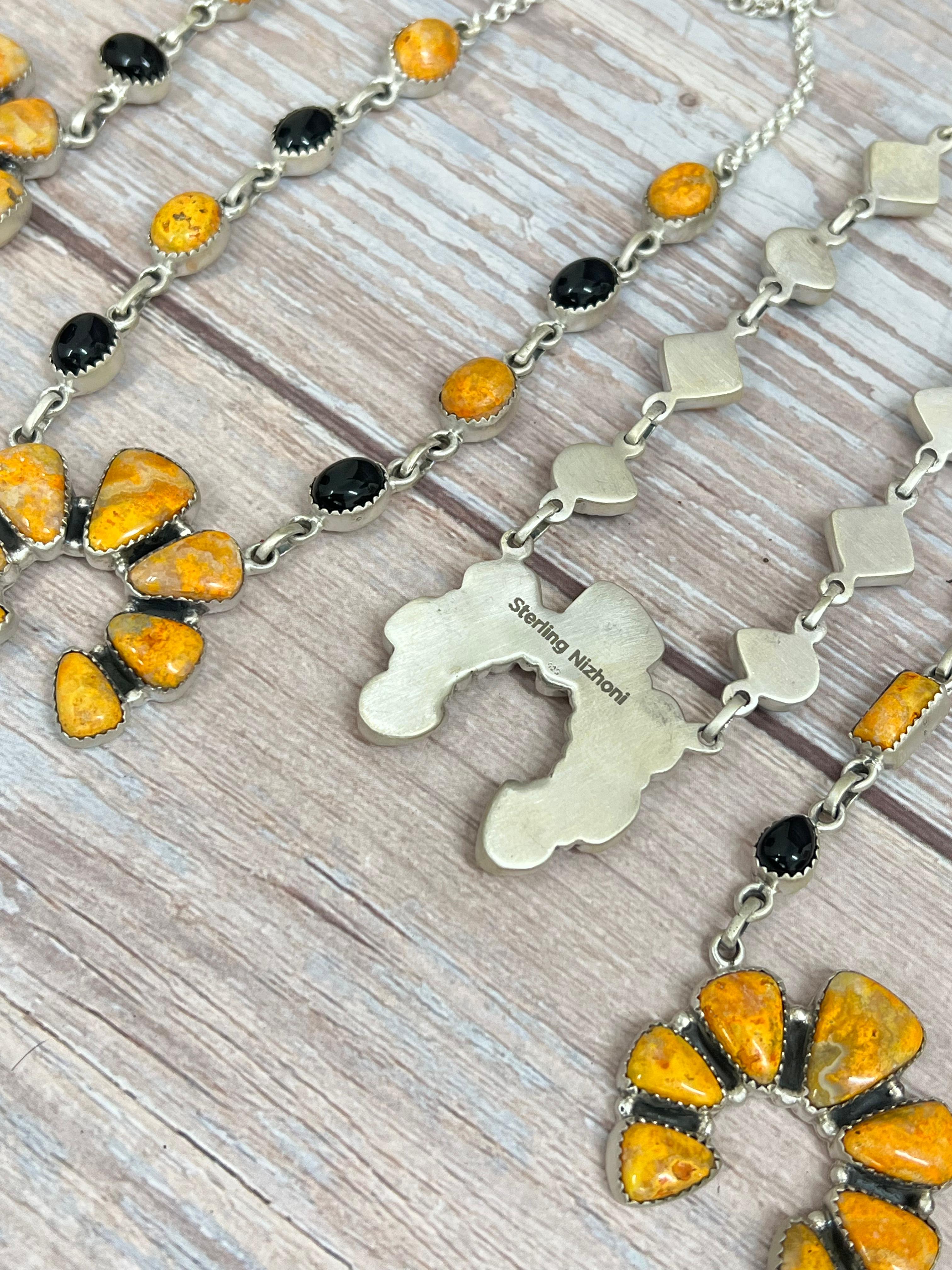 Handmade Sterling Silver Black Onyx, Bumblebee Naja Necklace Signed Nizhoni