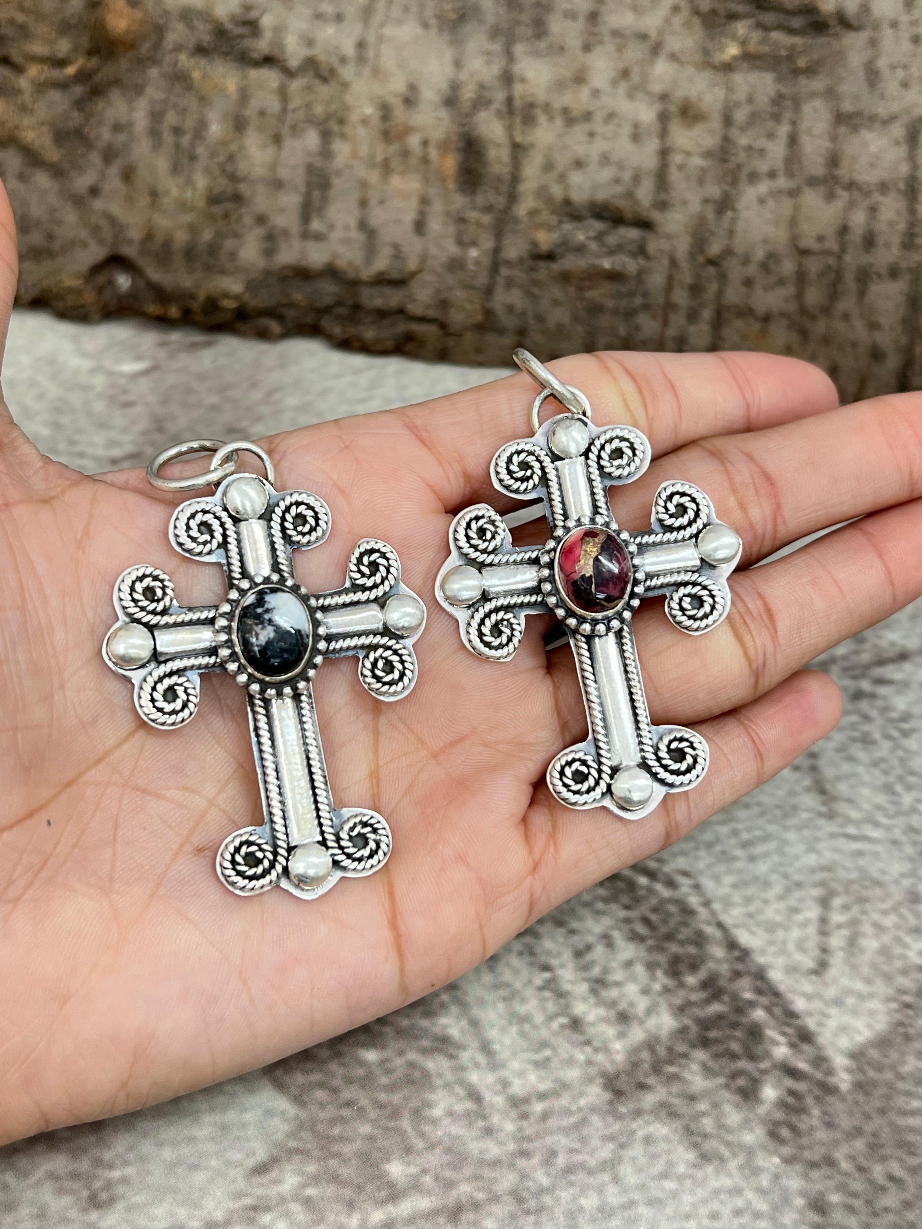 Handmade Sterling Silver Multi Stone Cross Pendant with Signed Nizhoni