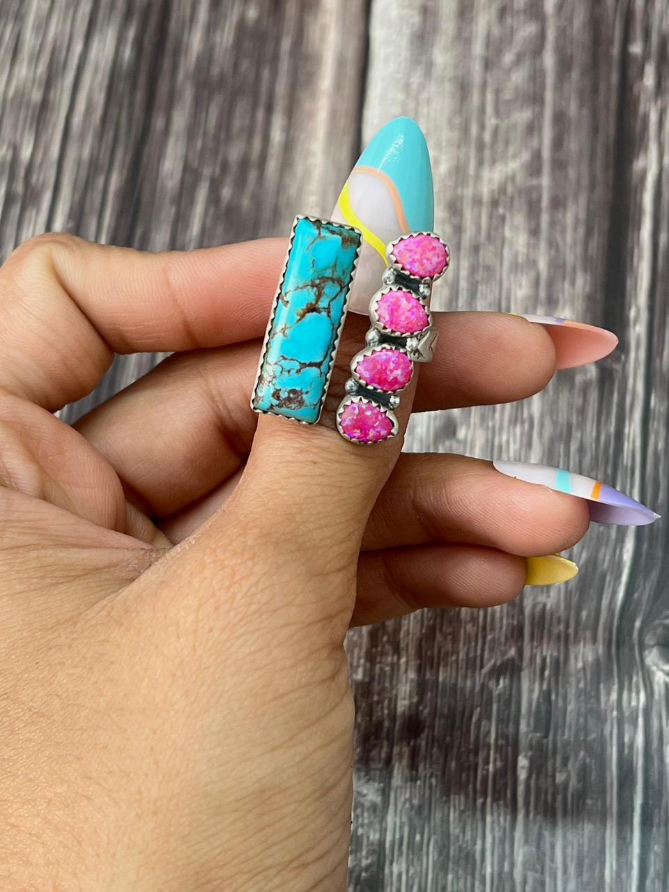 Handmade Sterling Silver Hot Pink with Arizona Turquoise Adjustable Ring "Signed Nizhoni"