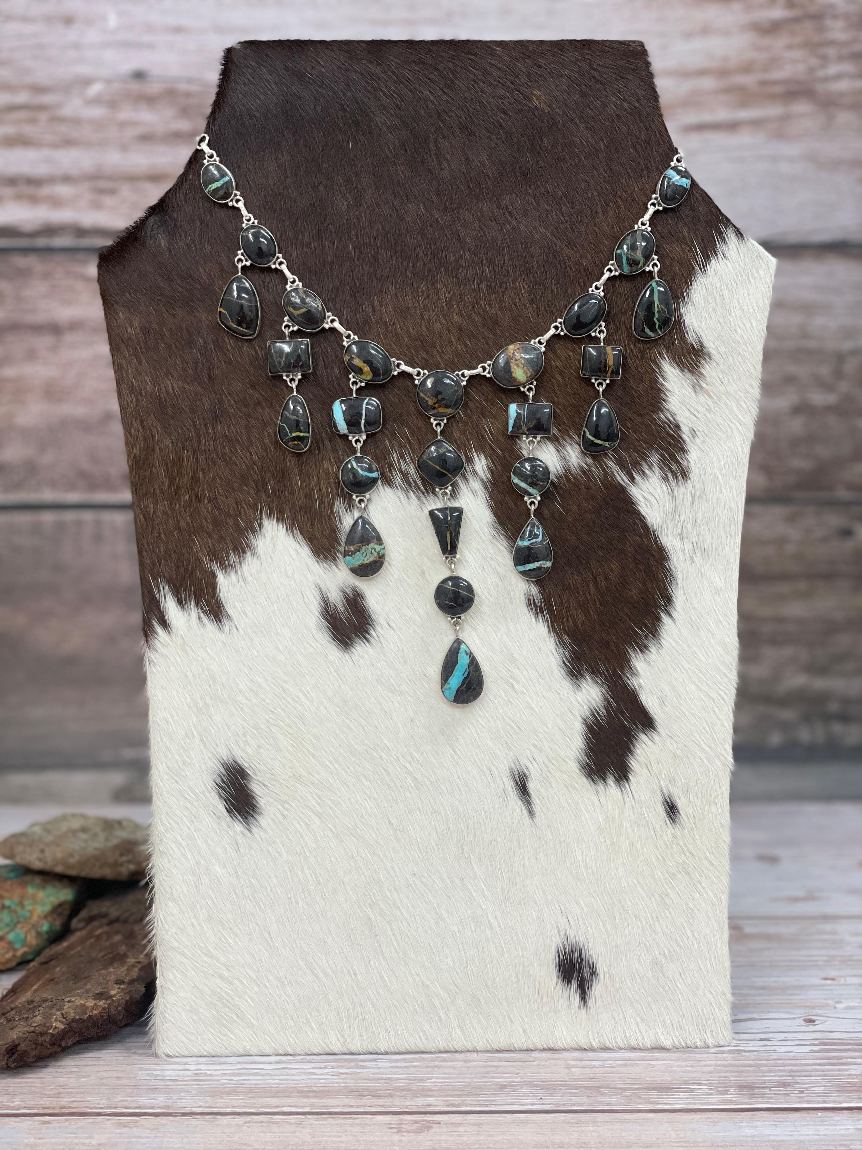 Handmade Sterling Silver Blackjack Turquoise Necklace Signed Nizhoni