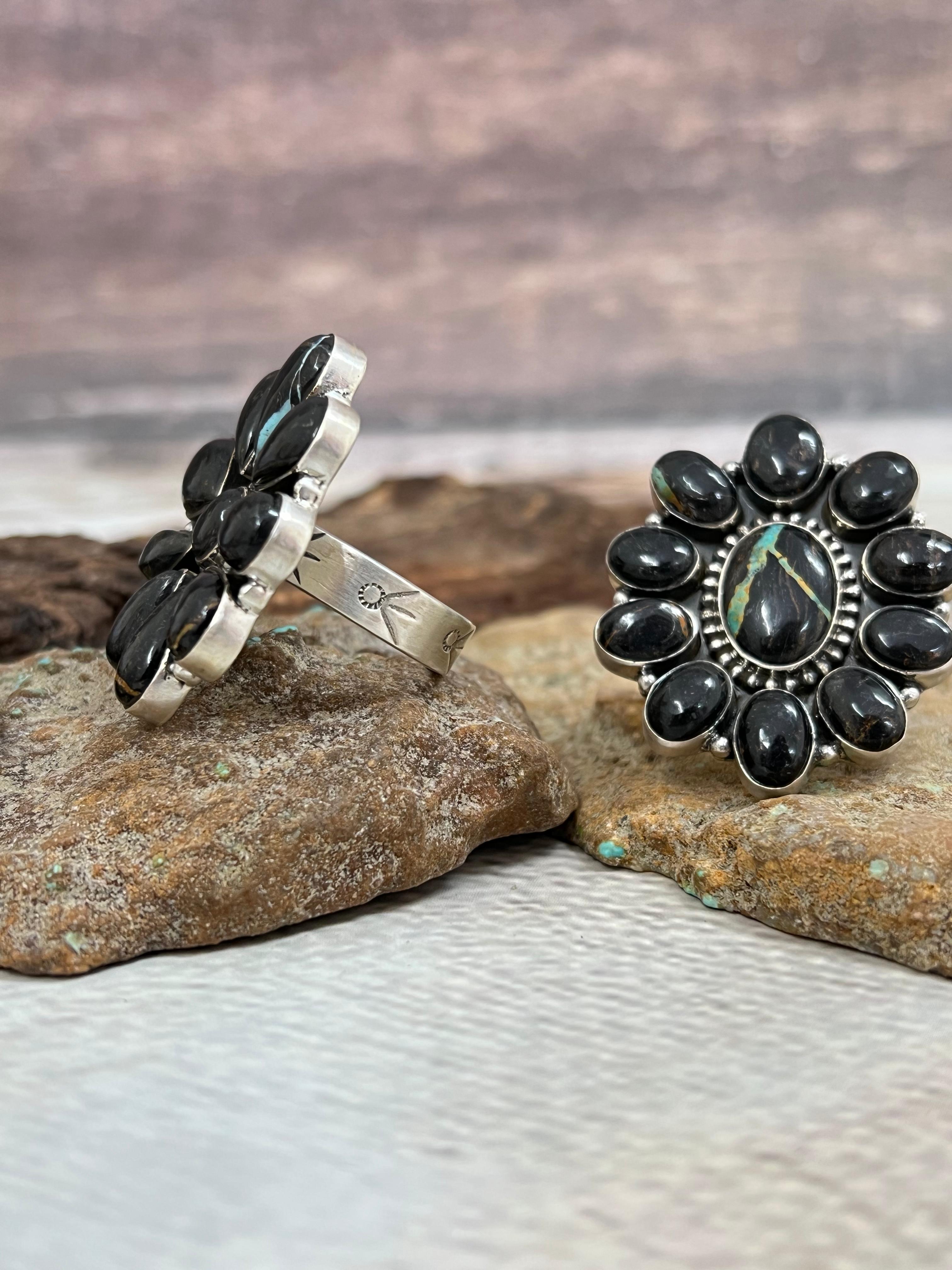 Handmade Sterling Silver Blackjack Turquoise Adjustable Ring Signed Nizhoni