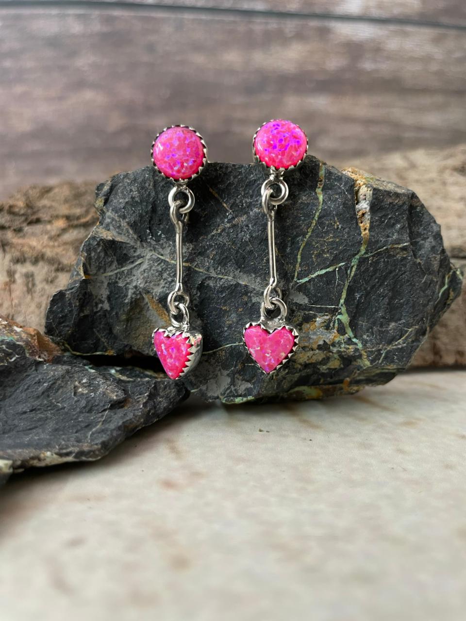 "Heart Collection" Handmade Sterling Silver Hot Pink Post Dangle Earrings "Signed Nizhoni"