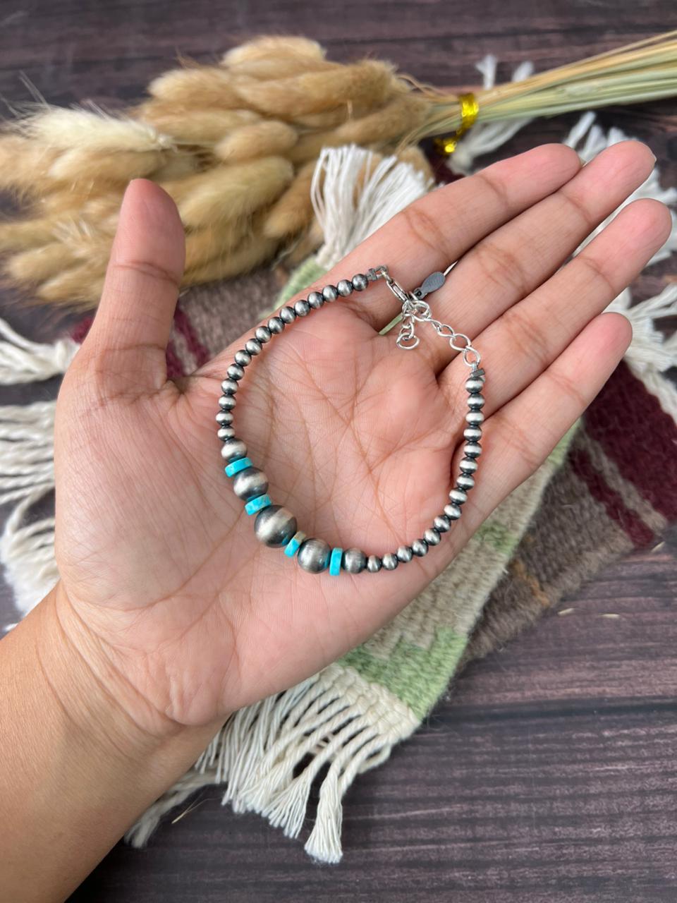 Handmade Sterling Silver Kingman Turquoise Beaded Bracelet "Signed Nizhoni"