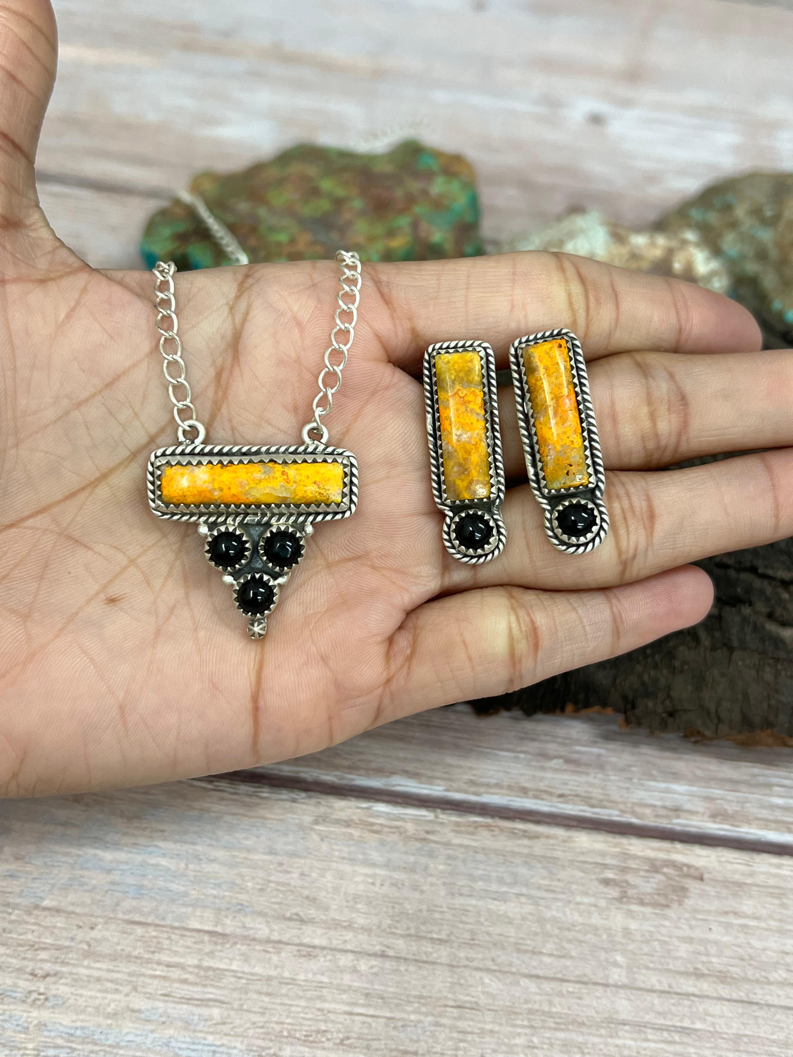 "Halloween Collection" Handmade Sterling Silver Black Onyx, Bumblebee Necklace with Signed Nizhoni