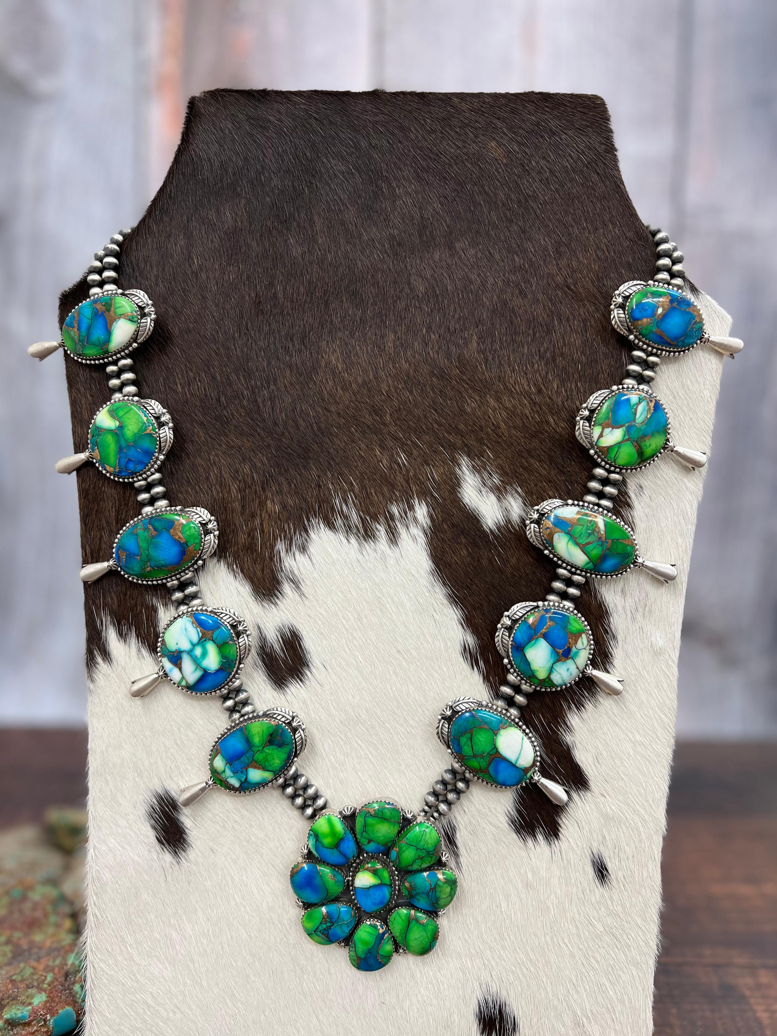 Handmade Sterling Silver Peacock Dahlia Beaded Necklace with Signed Nizhoni