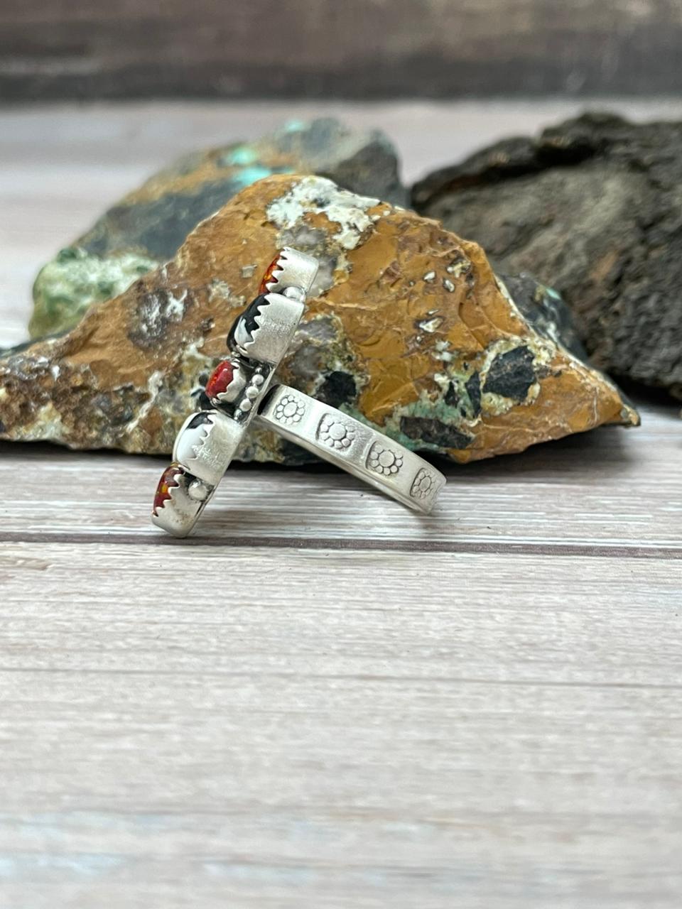 "Christmas Collection" Handmade Sterling Silver White Buffalo with Red Opal Adjustable Ring "Signed Nizhoni"