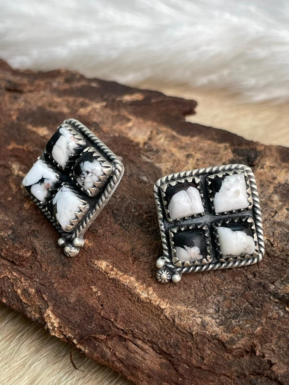 Handmade Sterling Silver White Buffalo Post Studs Earrings "Signed Nizhoni"