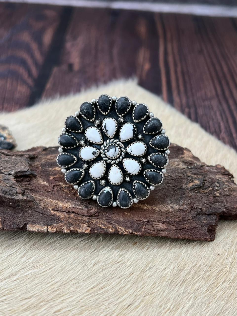 Handmade Sterling Silver White Buffalo Adjustable Ring "Signed Nizhoni"