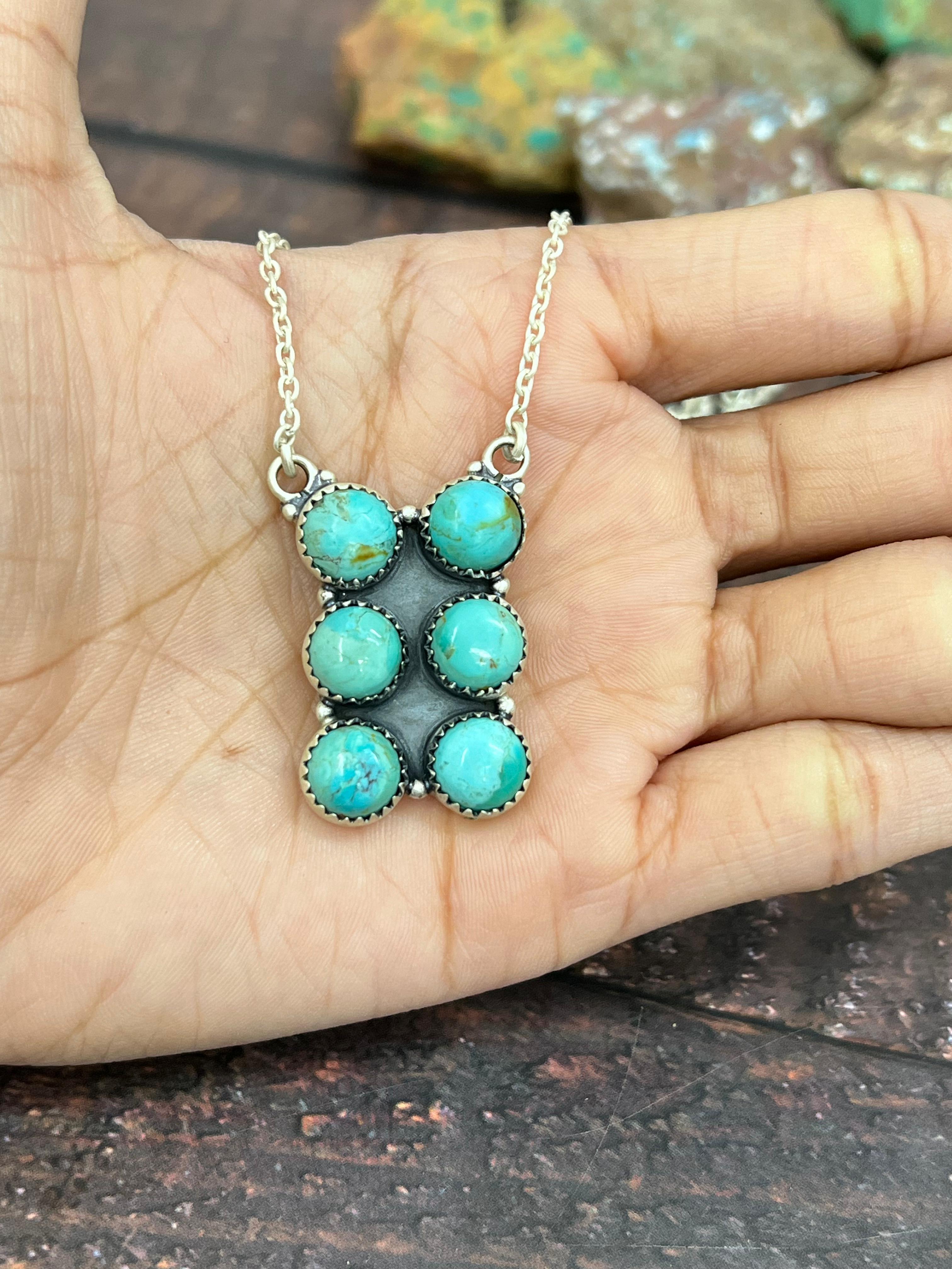 Handmade Sterling Silver Kingman Turquoise Necklace with Signed Nizhoni