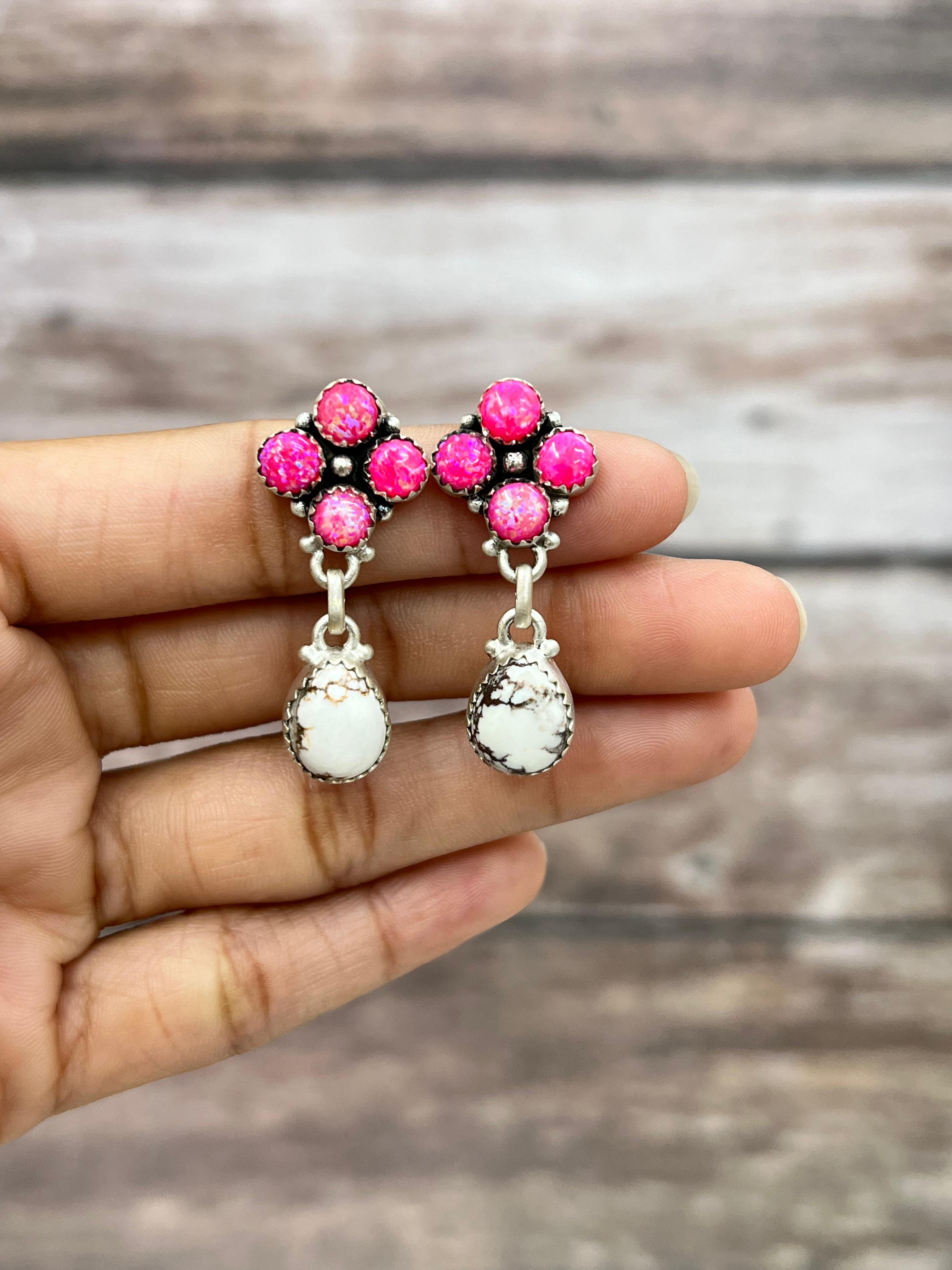 Handmade Sterling Silver Wild Horse with Purple Dahlia Post Dangle Earrings, Signed Nizhoni (7)