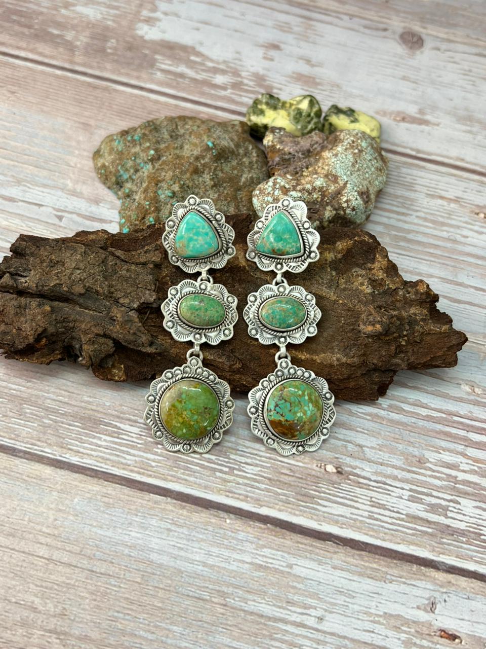 Handmade Sterling Silver Mantis Turquoise Post Dangle Earrings with Signed Nizhoni