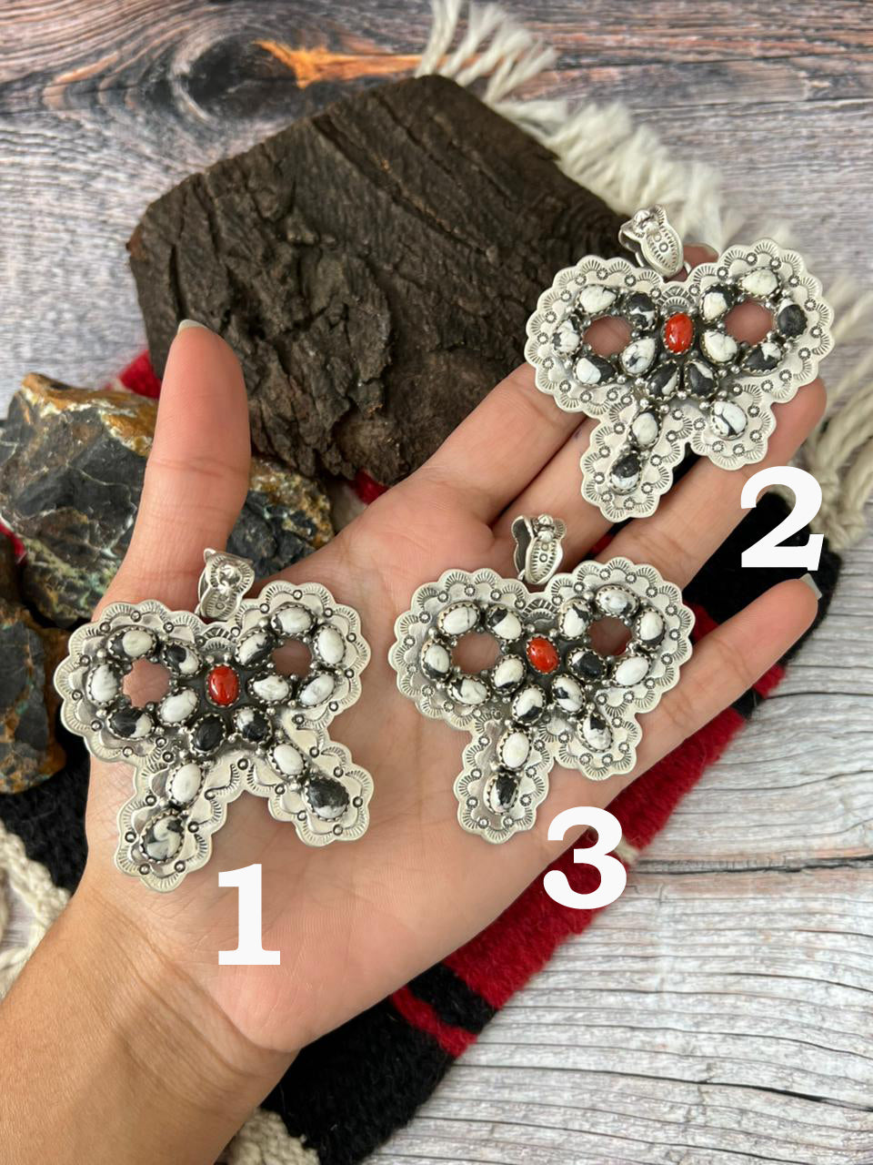 "Christmas Collection" Handmade Sterling Silver White Buffalo with Coral Pendant "Signed Nizhoni"