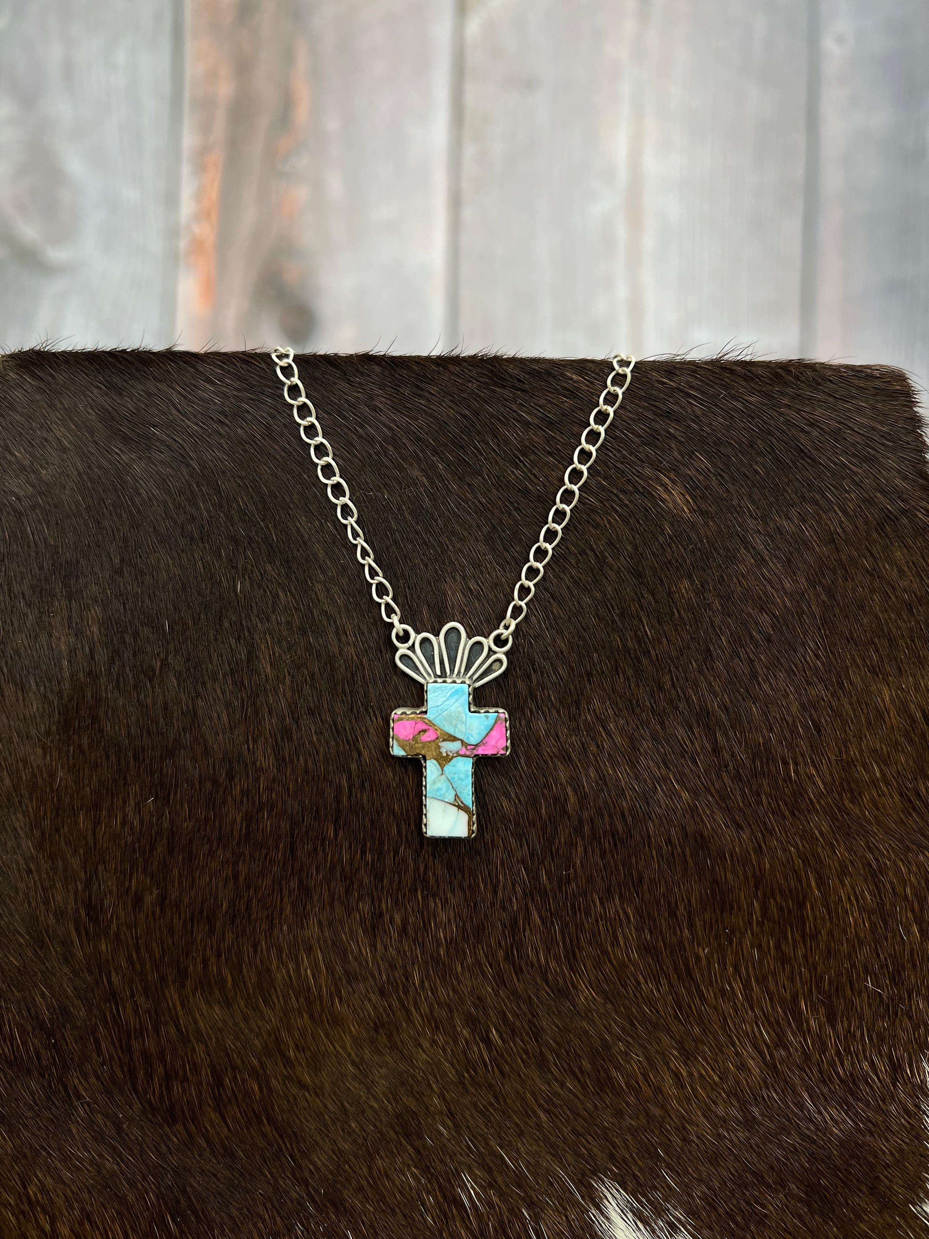 Handmade Sterling Silver Cotton Candy Cross Necklace Signed Nizhoni