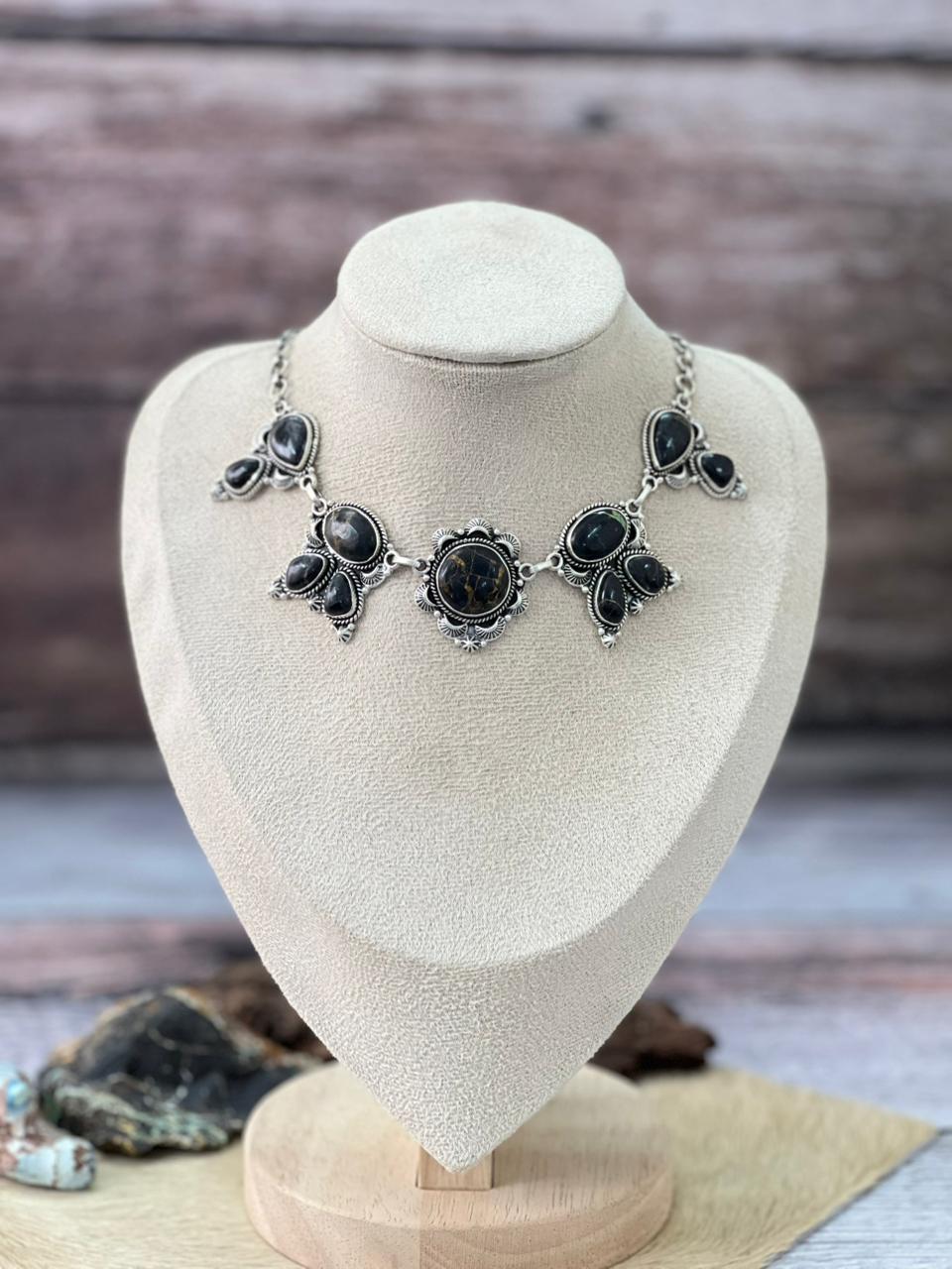 Handmade Sterling Silver Blackjack Turquoise Choker Necklace "Signed Nizhoni"