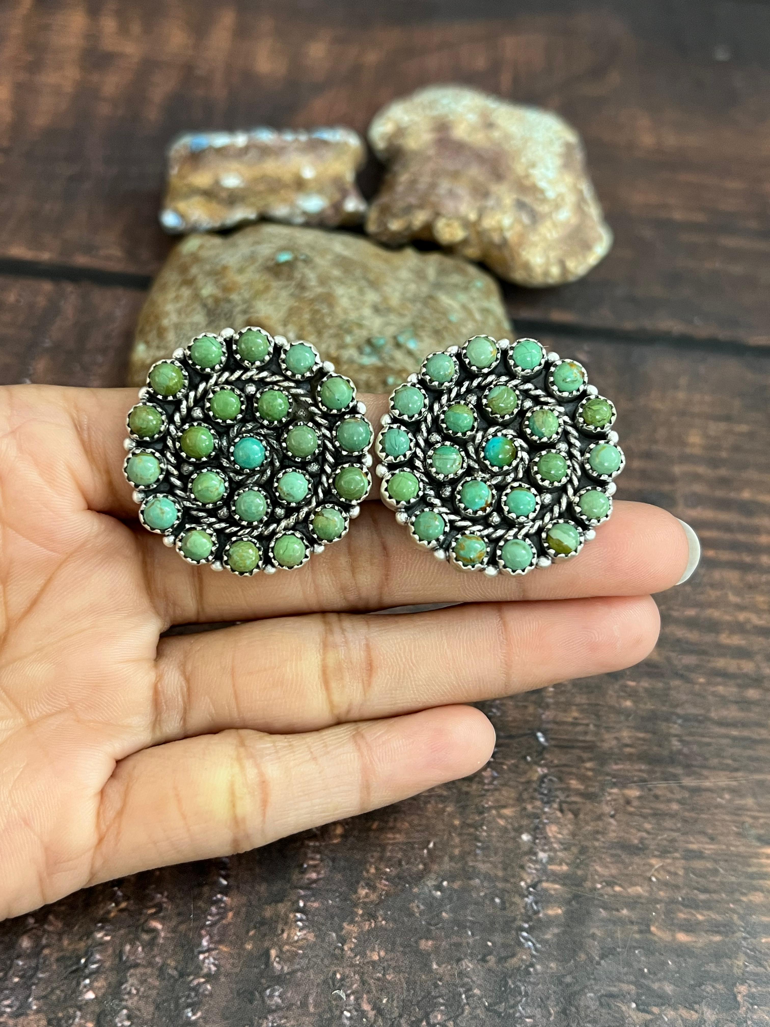 Handmade Sterling Silver Kingman Turquoise Studs with Signed Nizhoni