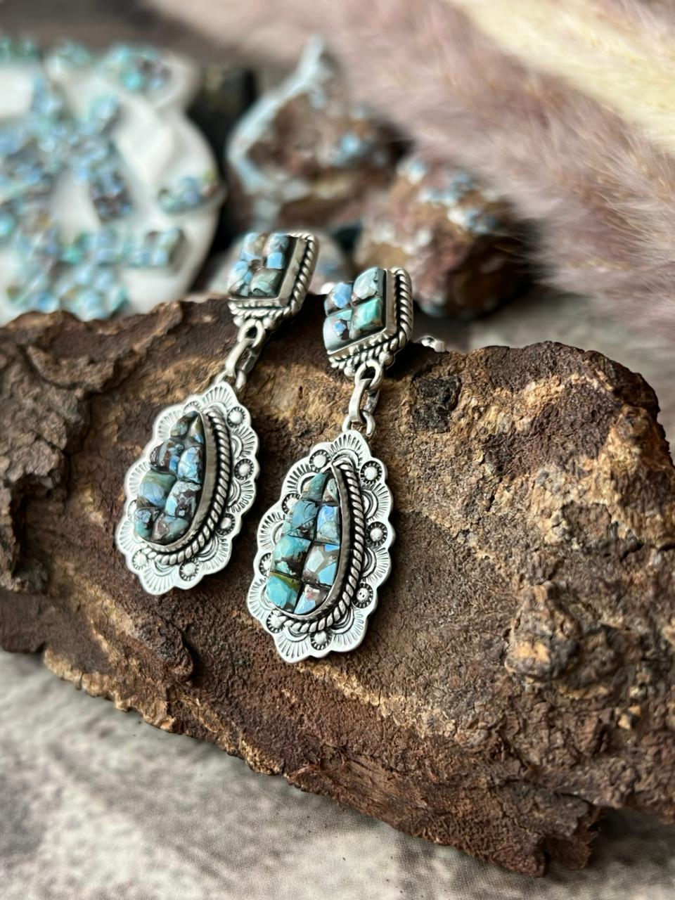 Handmade Sterling Silver Golden Hills Cobble Collection Post Dangle Earrings "Signed Nizhoni"