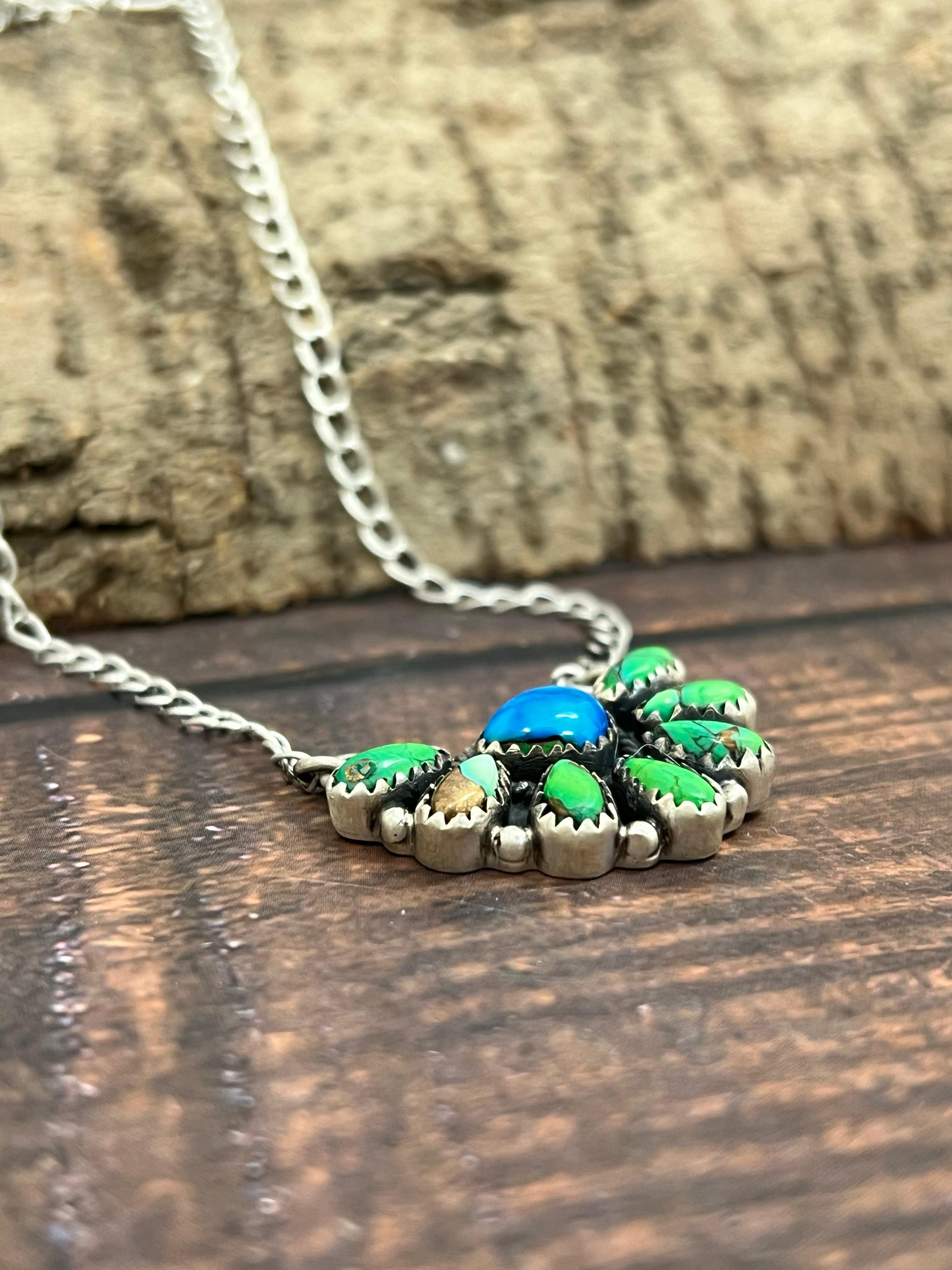 Handmade Sterling Silver Peacock Dahlia Necklace with Signed Nizhoni