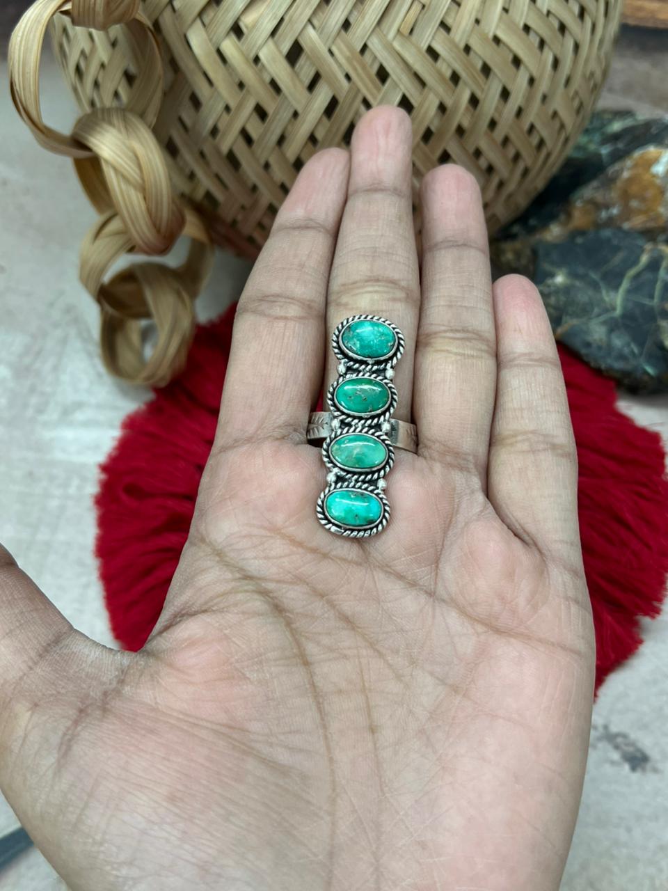 Handmade Sterling Silver Emerald Valley Turquoise Adjustable Ring "Signed Nizhoni"