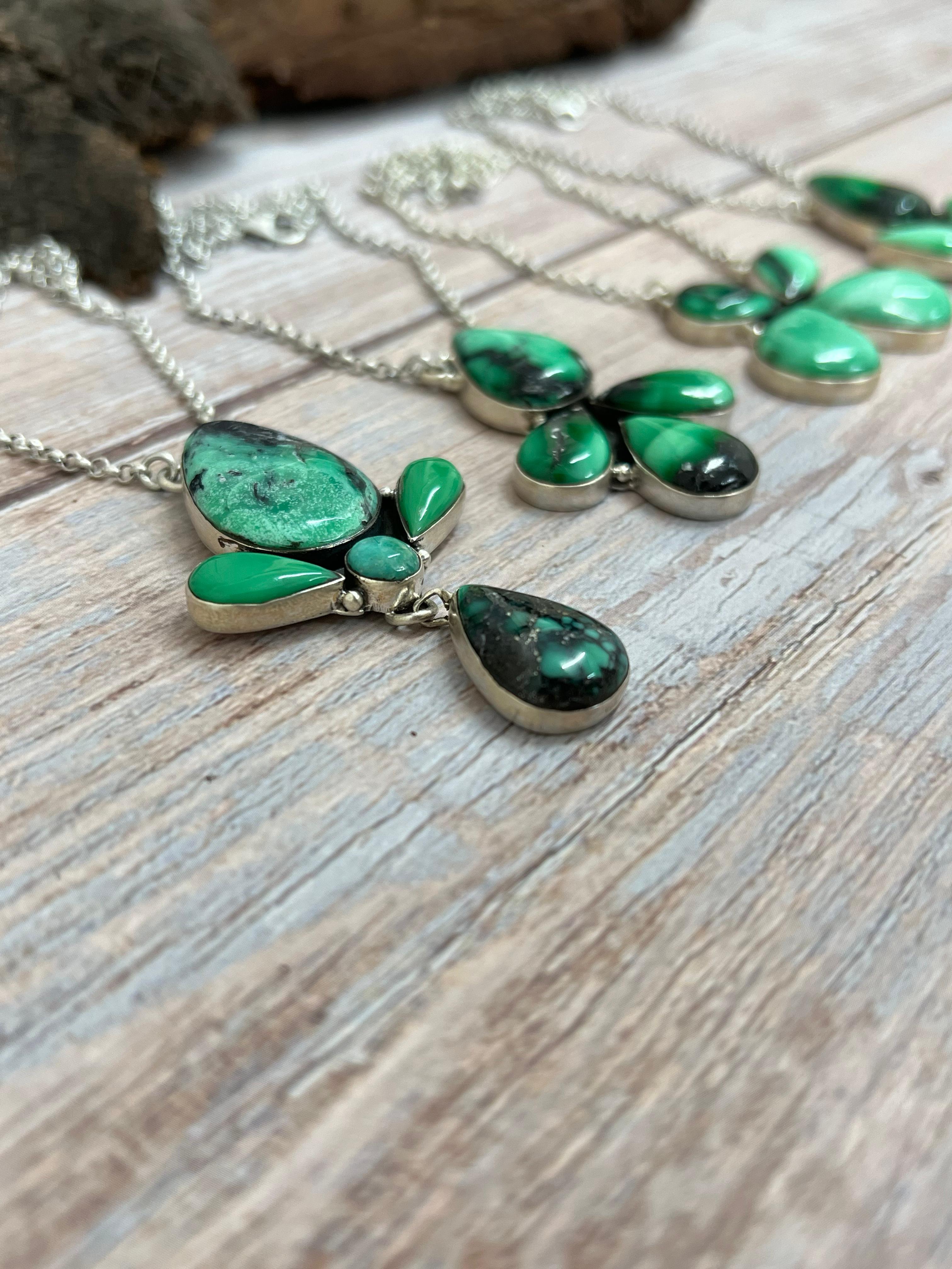 Handmade Sterling Silver Emerald Rose Necklace with Signed Nizhoni