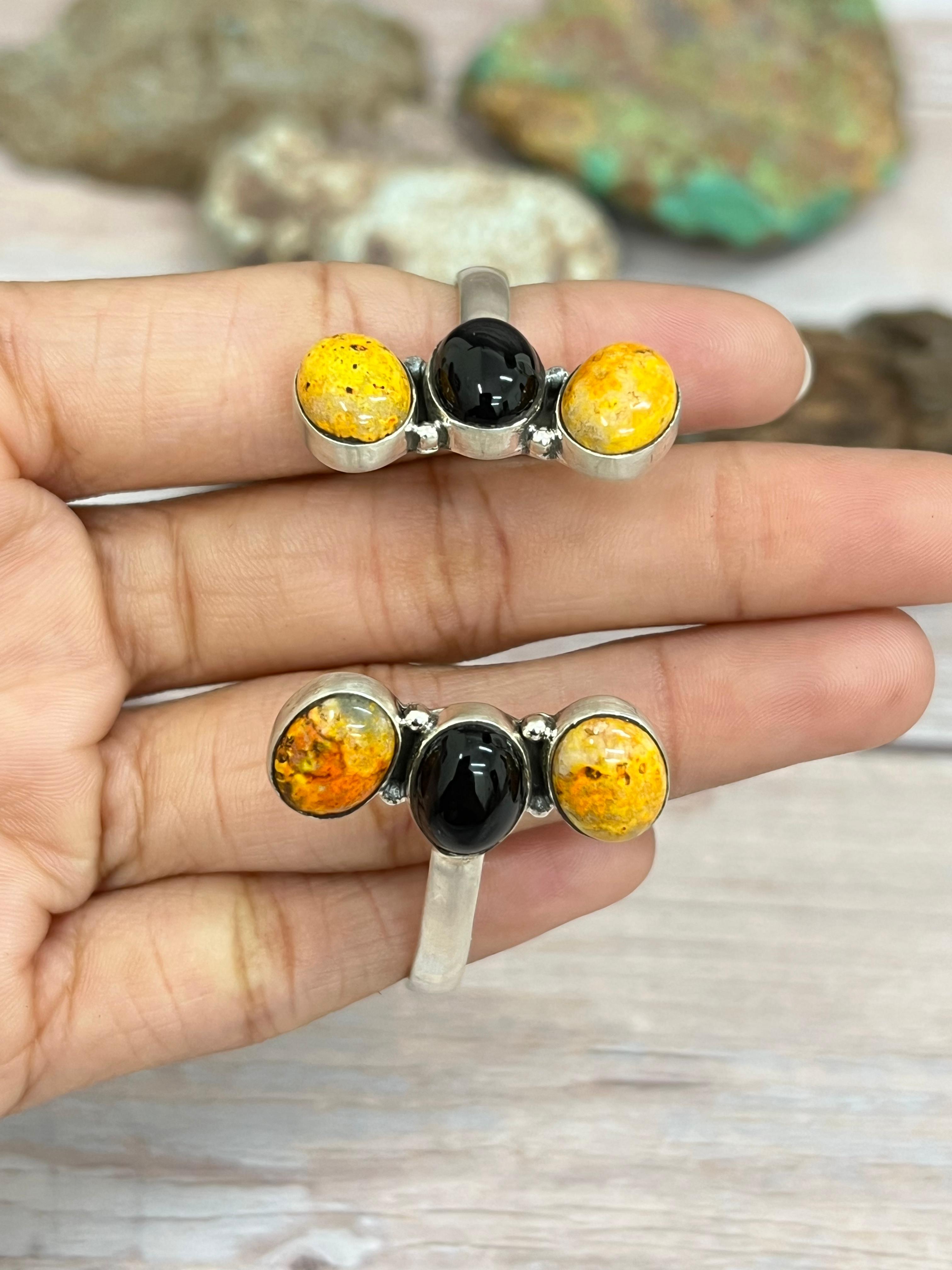 "Halloween Collection" Handmade Sterling Silver Black Onyx, Bumblebee Cuff Bracelet with Signed Nizhoni