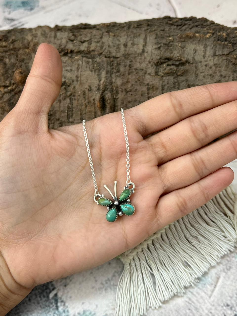 Handmade Sterling Silver Kingman Turquoise Butterfly Necklace "Signed Nizhoni"