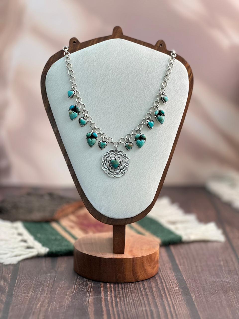 "Heart Collection" Handmade Sterling Silver Kingman Turquoise Necklace "Signed Nizhoni"