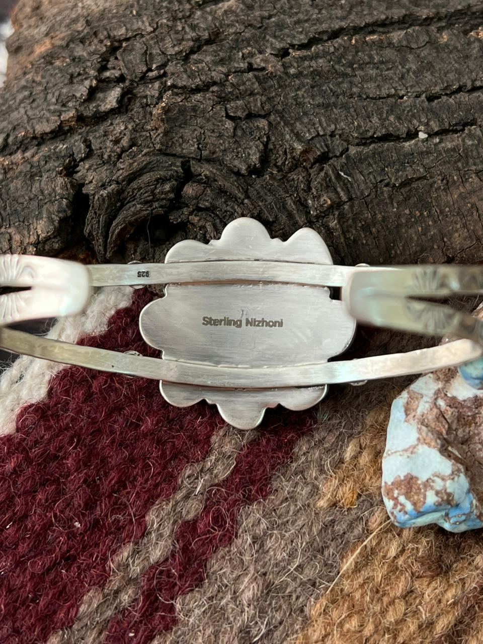 Handmade Sterling Silver Palomino with Sonoran and White Water Turquoise Cuff Bracelet "Signed Nizhoni"