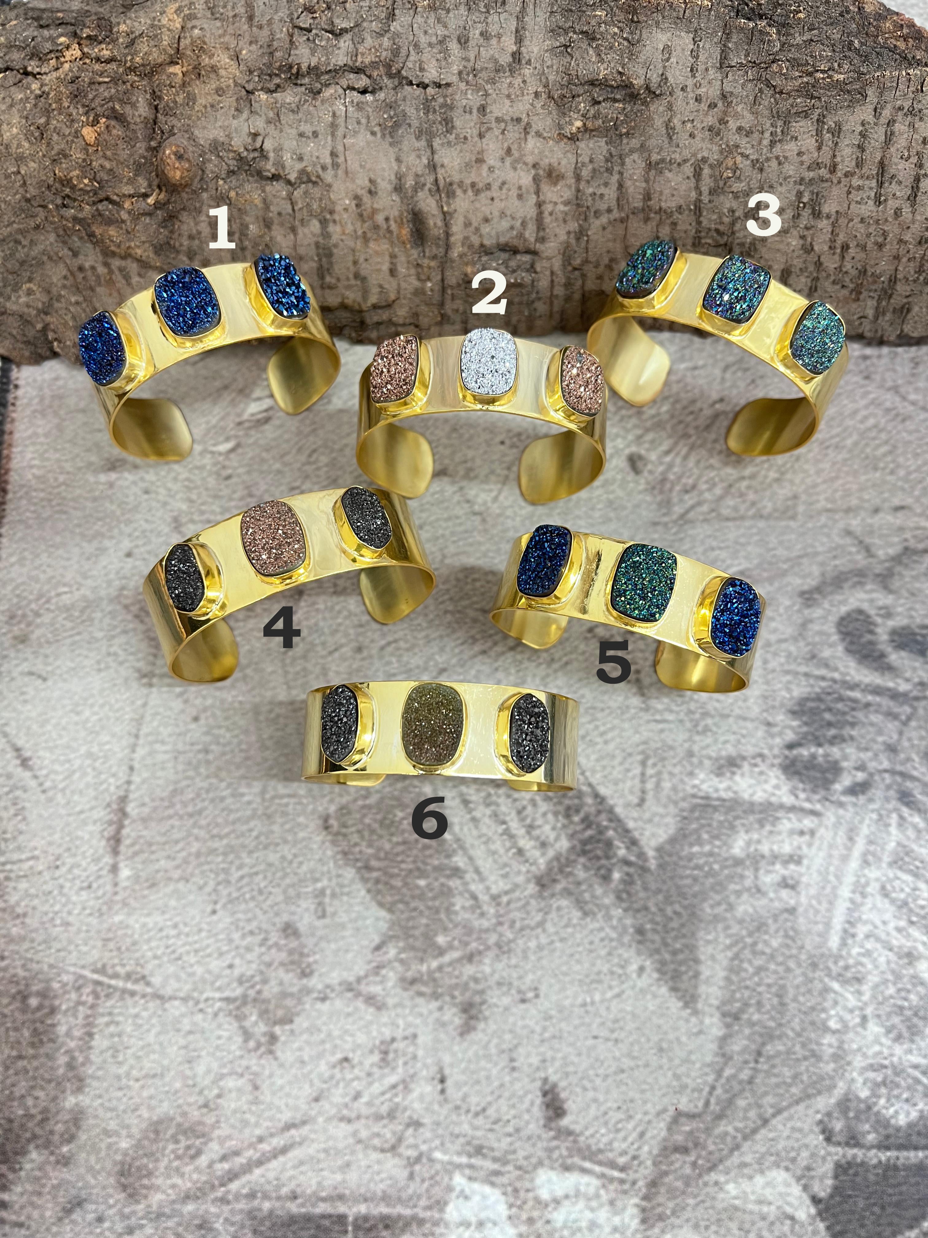 “The Boho Collection” Handmade Natural Gold Plated 3 Stone Druzy Wide Cuff Bracelet