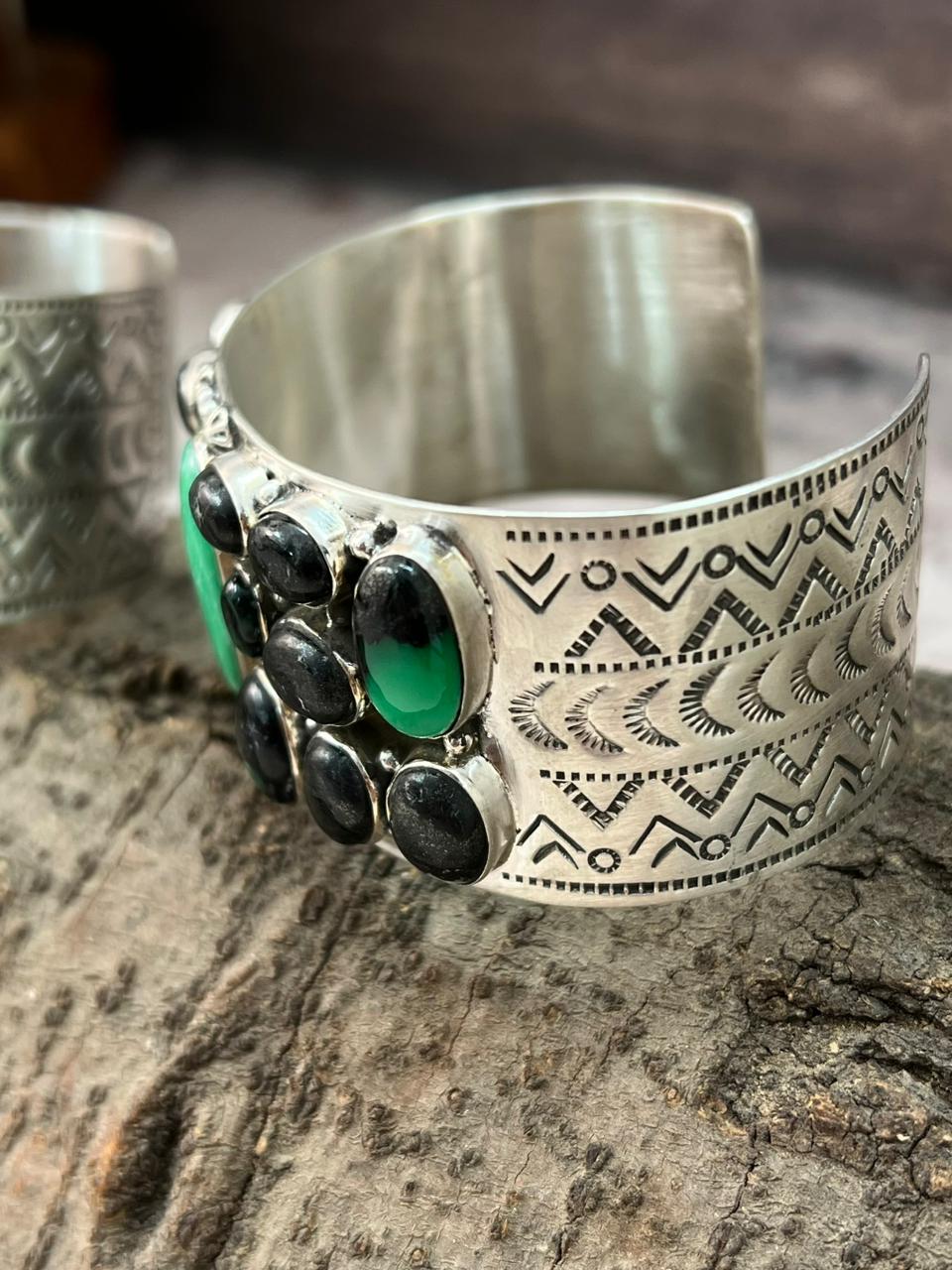 Handmade Sterling Silver Emerald Rose Cuff Bracelet "Signed Nizhoni"