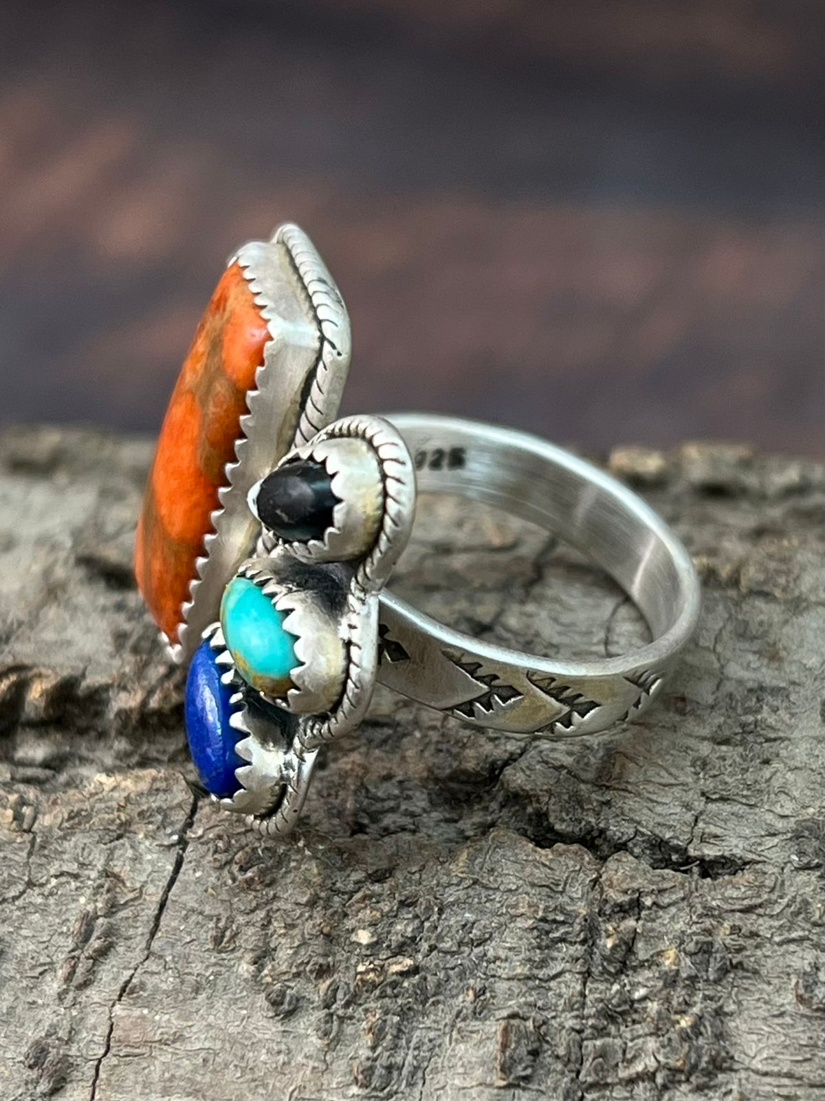 Handmade Sterling Silver Orange Mohave with White Buffalo, Kingman, Lapis Adjustable Ring "Signed Nizhoni"