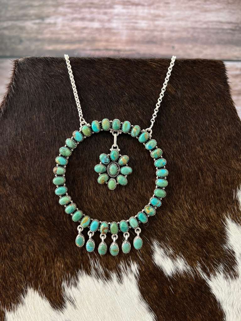 Handmade Sterling Silver Kingman Turquoise Necklace with Signed Nizhoni