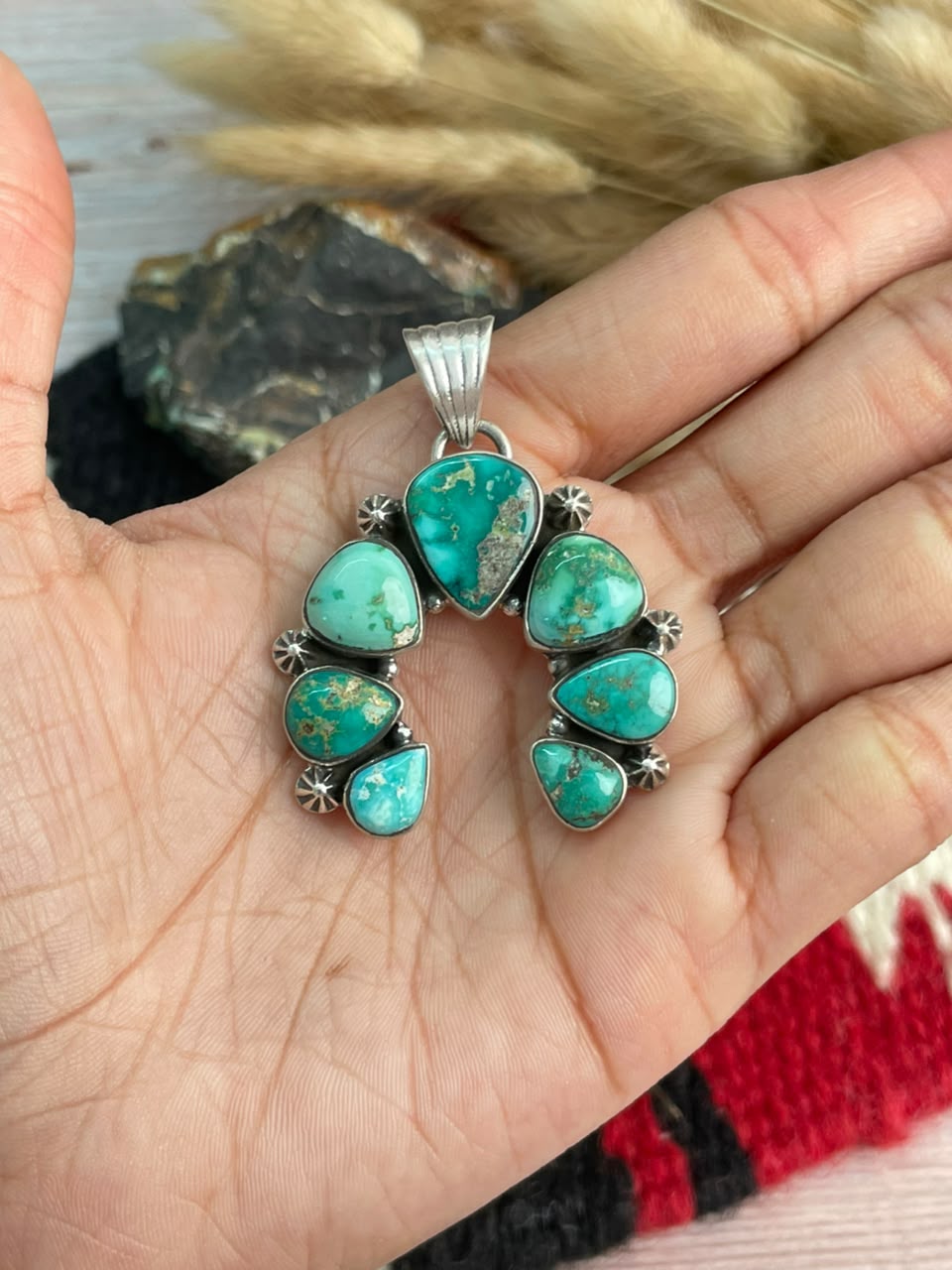 Handmade Sterling Silver Emerald Valley Turquoise Collection: Naja Pendant Signed Nizhoni
