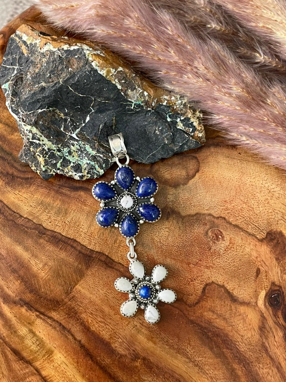 Handmade Sterling Silver Lapis with White Buffalo Pendant "Signed Nizhoni"