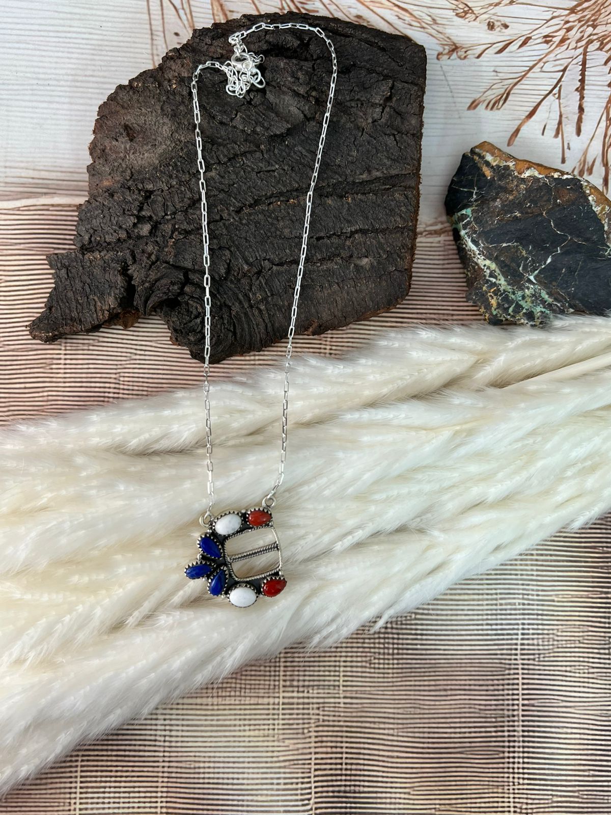Handmade Sterling Silver 4th Of July Collection: Coral with Lapis and White Buffalo Belt Buckle Necklace "Signed Nizhoni"