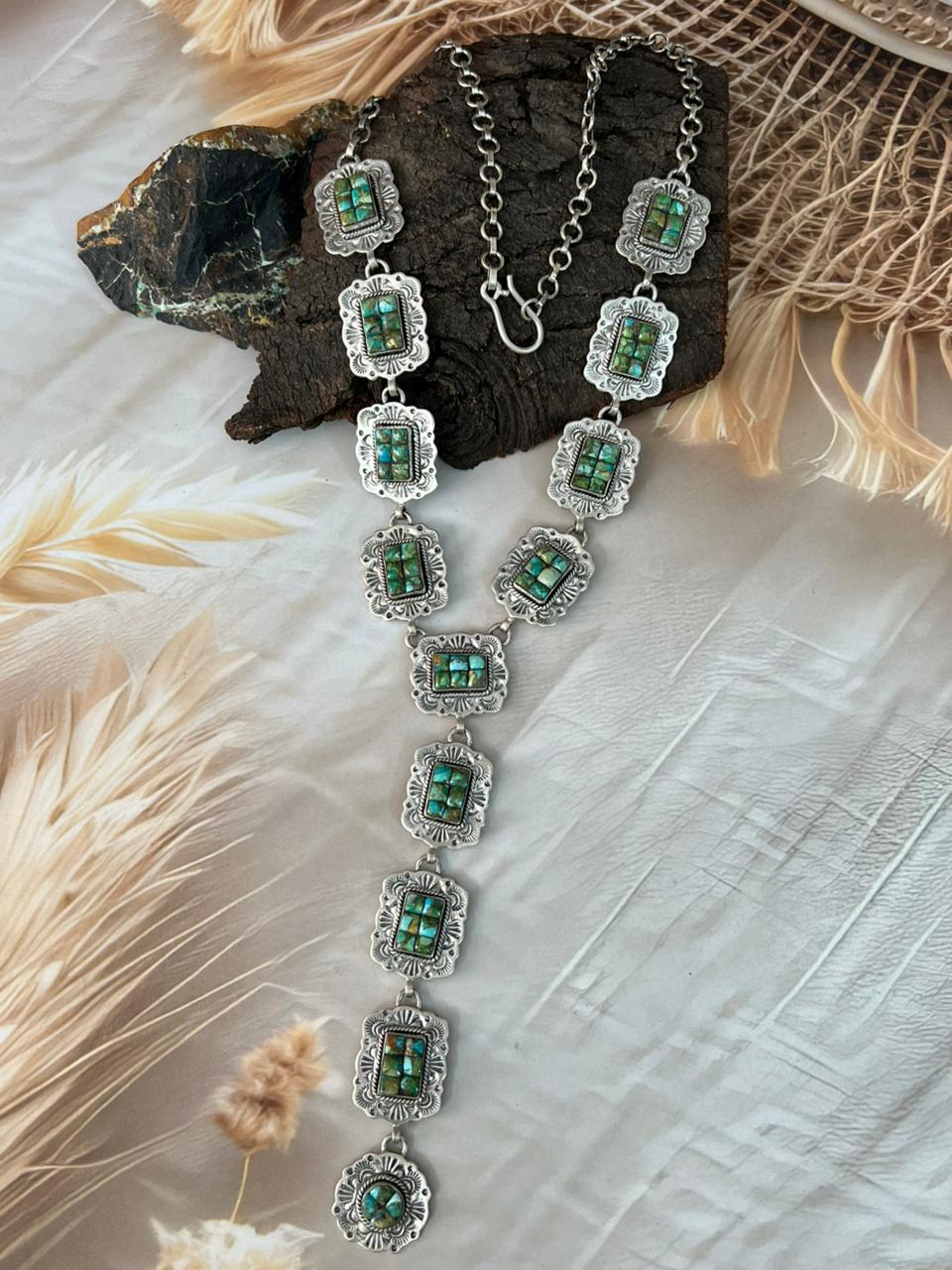 Handmade Sterling Silver Sonoran Cobble Collection: Sonoran Mountain Turquoise 'Y Shaped' Necklace "Signed Nizhoni"